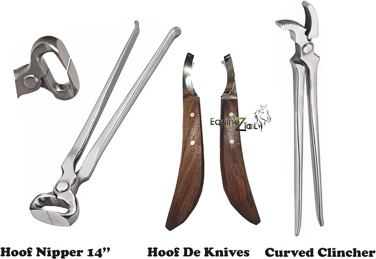 Hoof Nipper 14" with Hoof Curved Jaw Clincher & Farrier Hoof Knives Set Horse Hoof Trimming Kit, Heavy-Duty Steel Nipper, Curved Clincher & Sharp Farrier Knives for Hoof Care