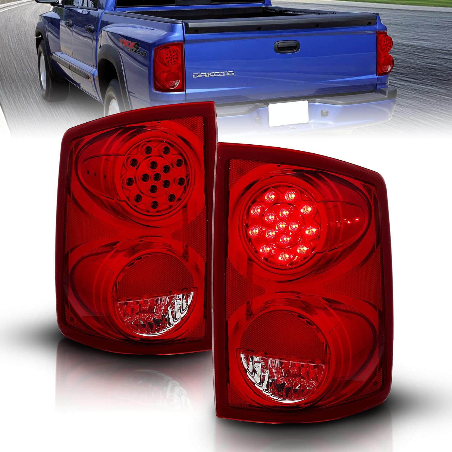 AmeriLite for 2005-2011 Dodge Dakota Clear Red LED Replacement Tail Light Assembly - Driver and Passenger Side