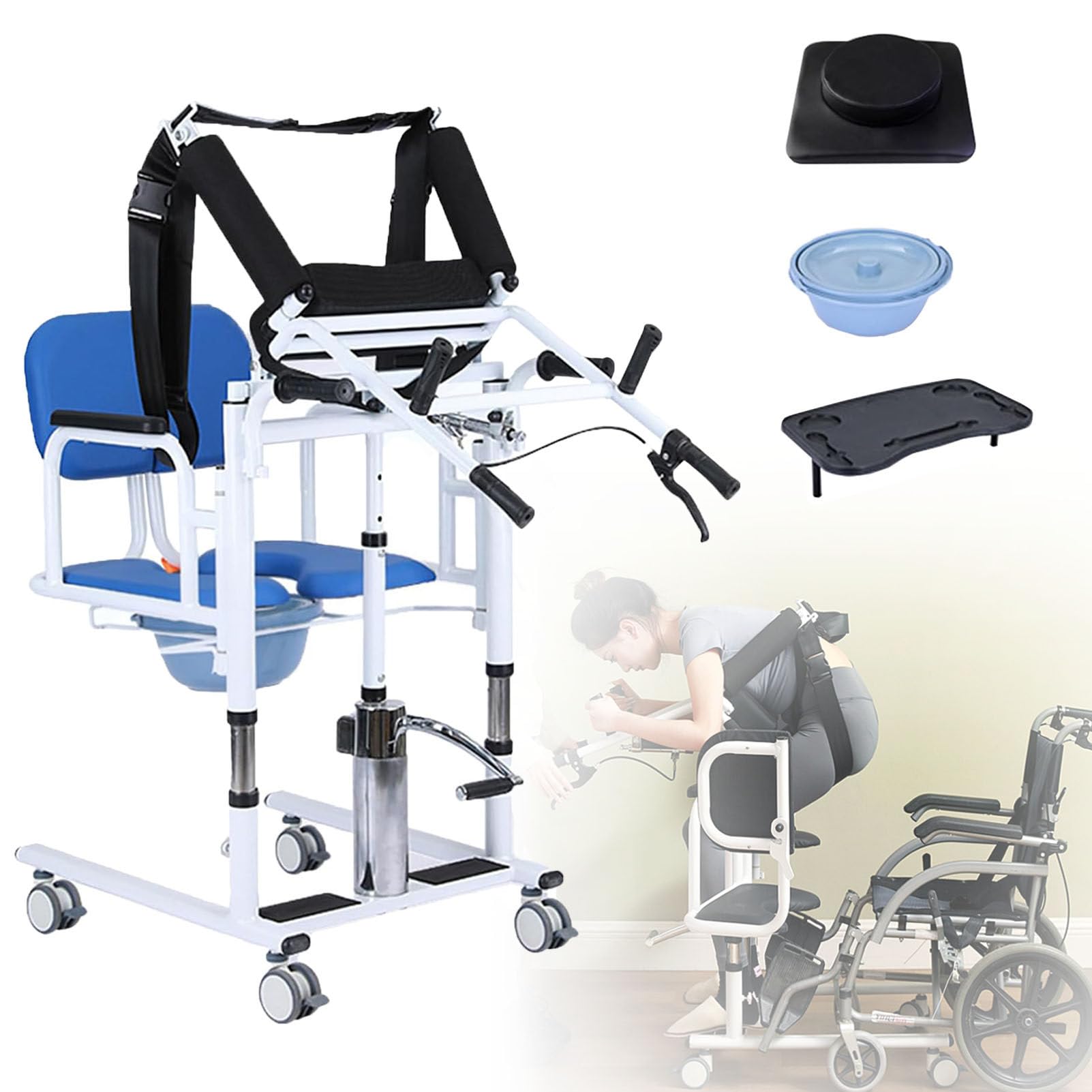 Silla Elevadora De Traslado Para Pacientes, Silla De EnfermeríA Con Asiento Abatible De 180°, Sillas De Ruedas De BañO Con Altura Ajustable Para Personas Mayores Y Personas Con Discapacidad Blue