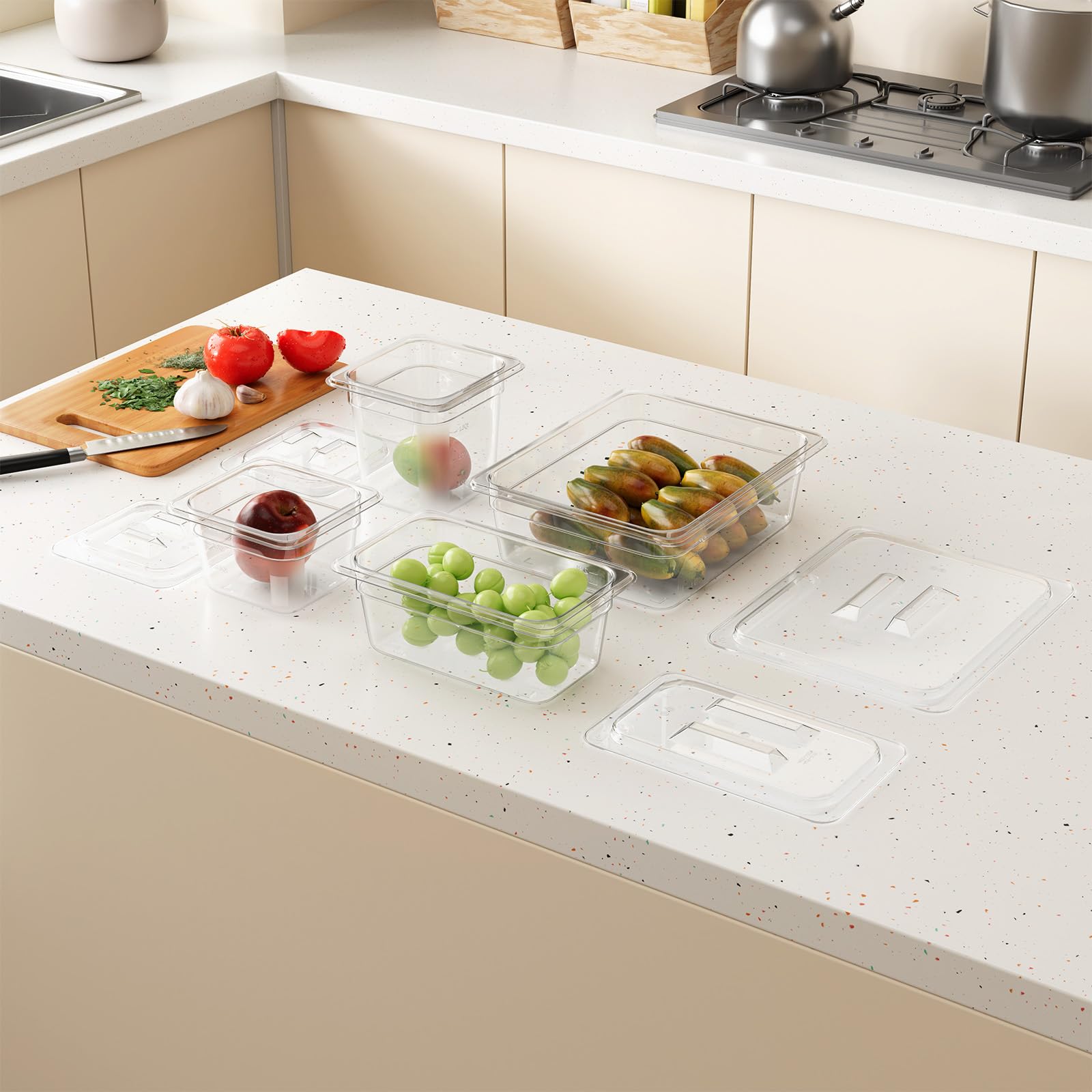 Paquete de 6 sartenes de 1/6 y 4 pulgadas, con tapas, de plástico transparente, de policarbonato apilable, apto para congelador, frutas, verduras, restaurante, cocina