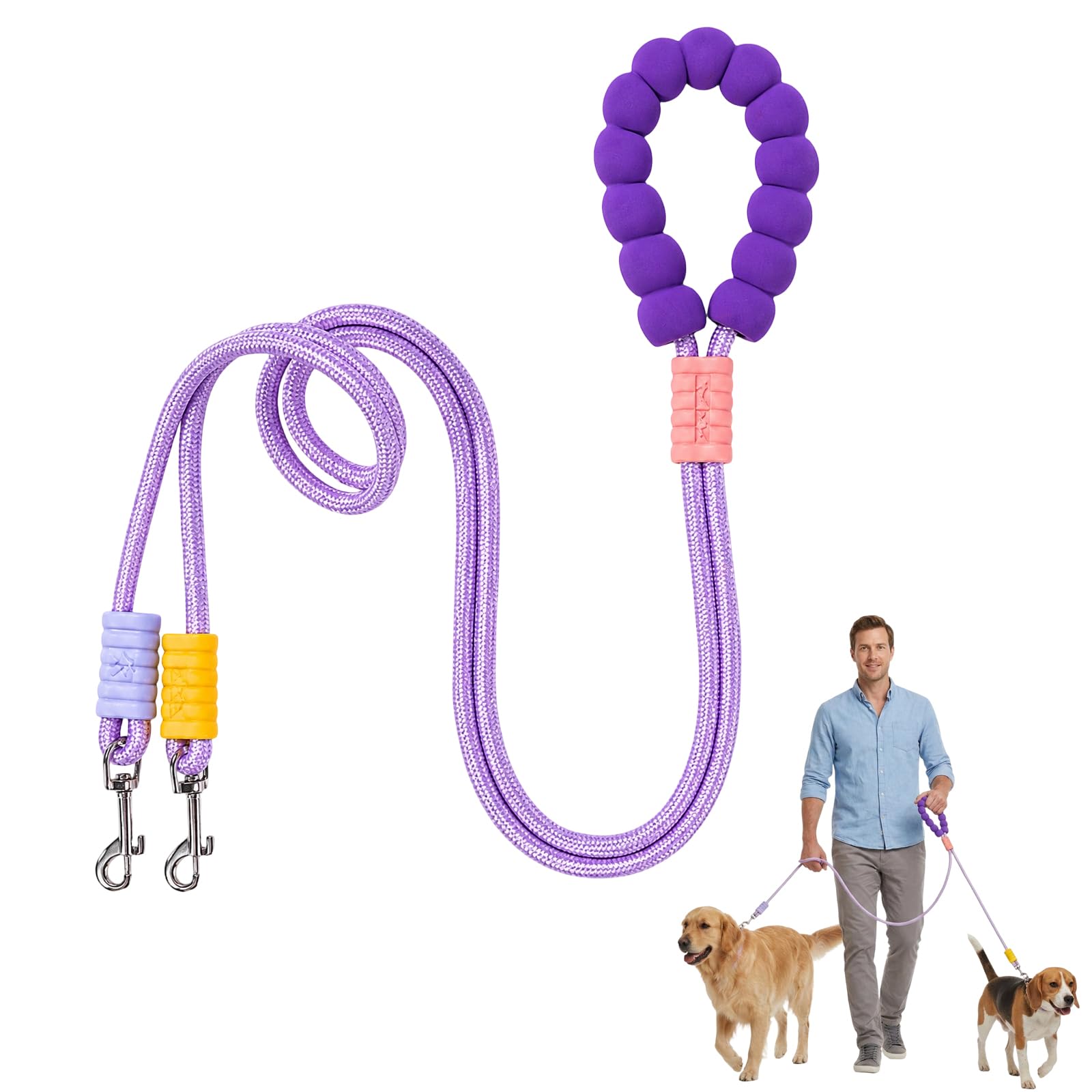 Double Dog Lead for Walking 2 Dogs No Tangle, Double Ended Lead for Dogs, Purple Dog Leash Splitter for Daily Outdoor Walks