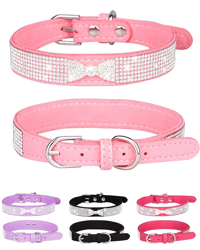 Coleira para cães e gatos em camurça com strass de coroa SOLMOONY, ajustável, M (33–39 cm), Pink2