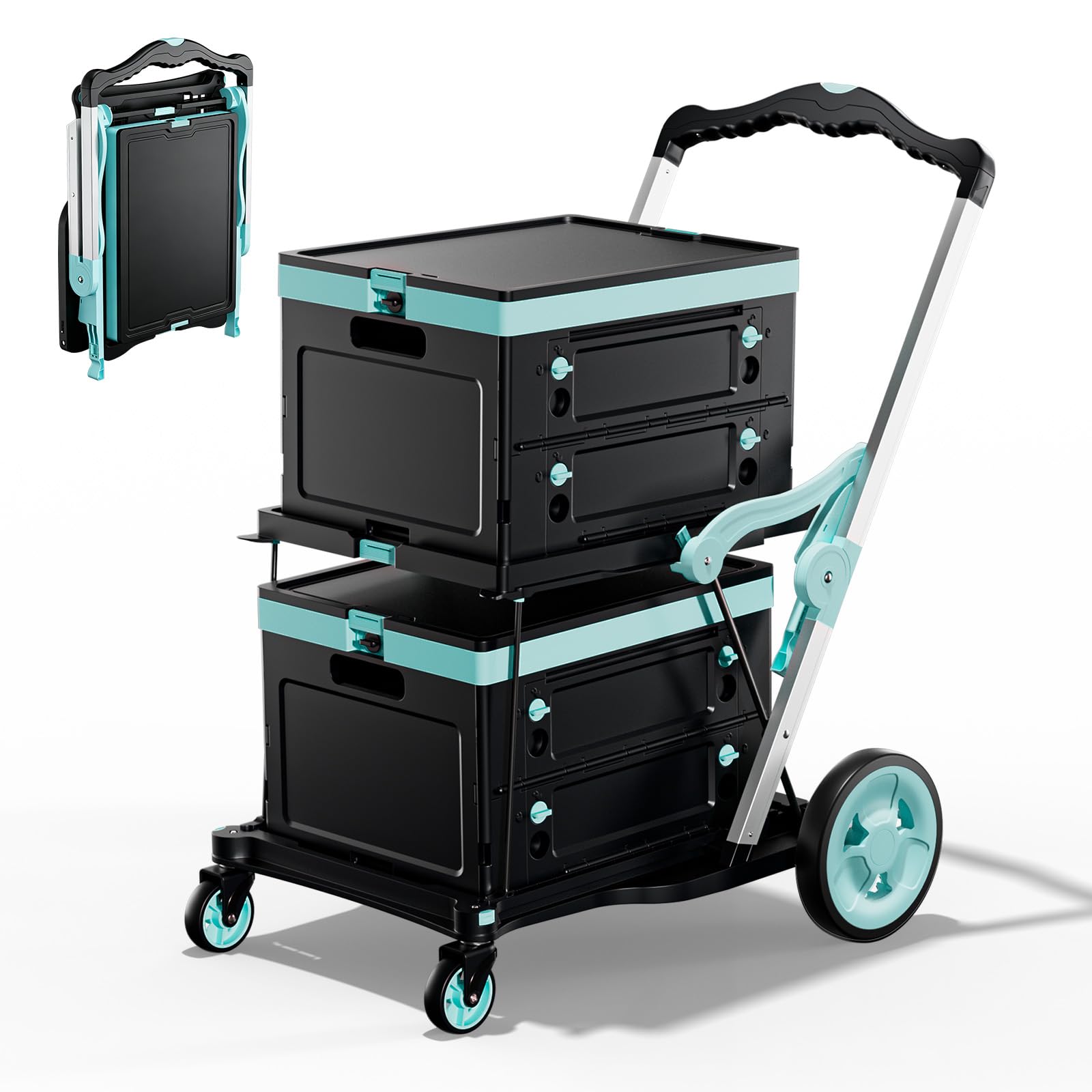 Klappbar Einkaufswagen Trolley zum Schieben mit 4 Rädern und 1 Klappboxen, Großer Schiebewagen