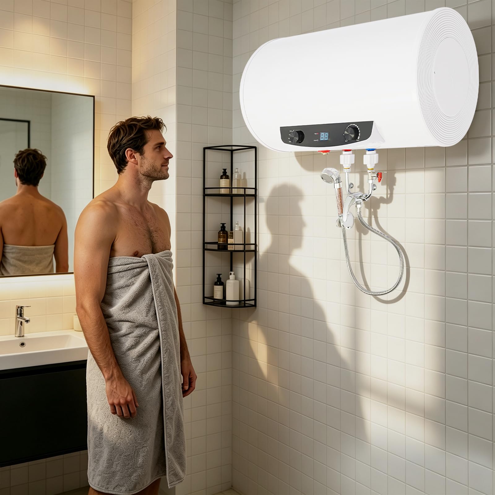 Scaldabagno elettrico da 2000 W, 70 l, con schermo LED, montaggio a parete