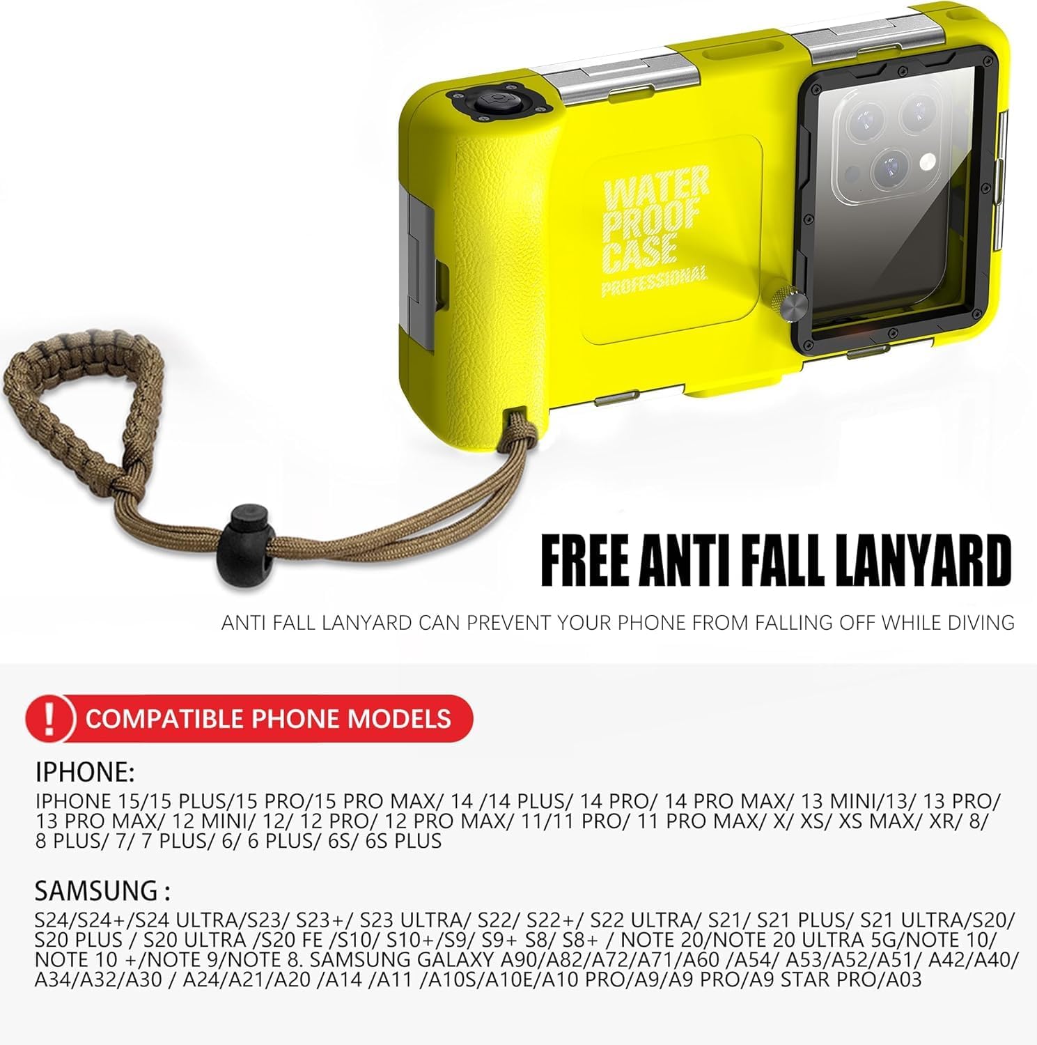 Underwater Phone Case for Snorkeling, Diving Phone Case for iPhone 16/15/14/13/12/11 Pro Max & Samsung Galaxy S25/S24/S23 Ultra/Plus, Professional 50ft Underwater Photo Video Cover, Yellow/Black