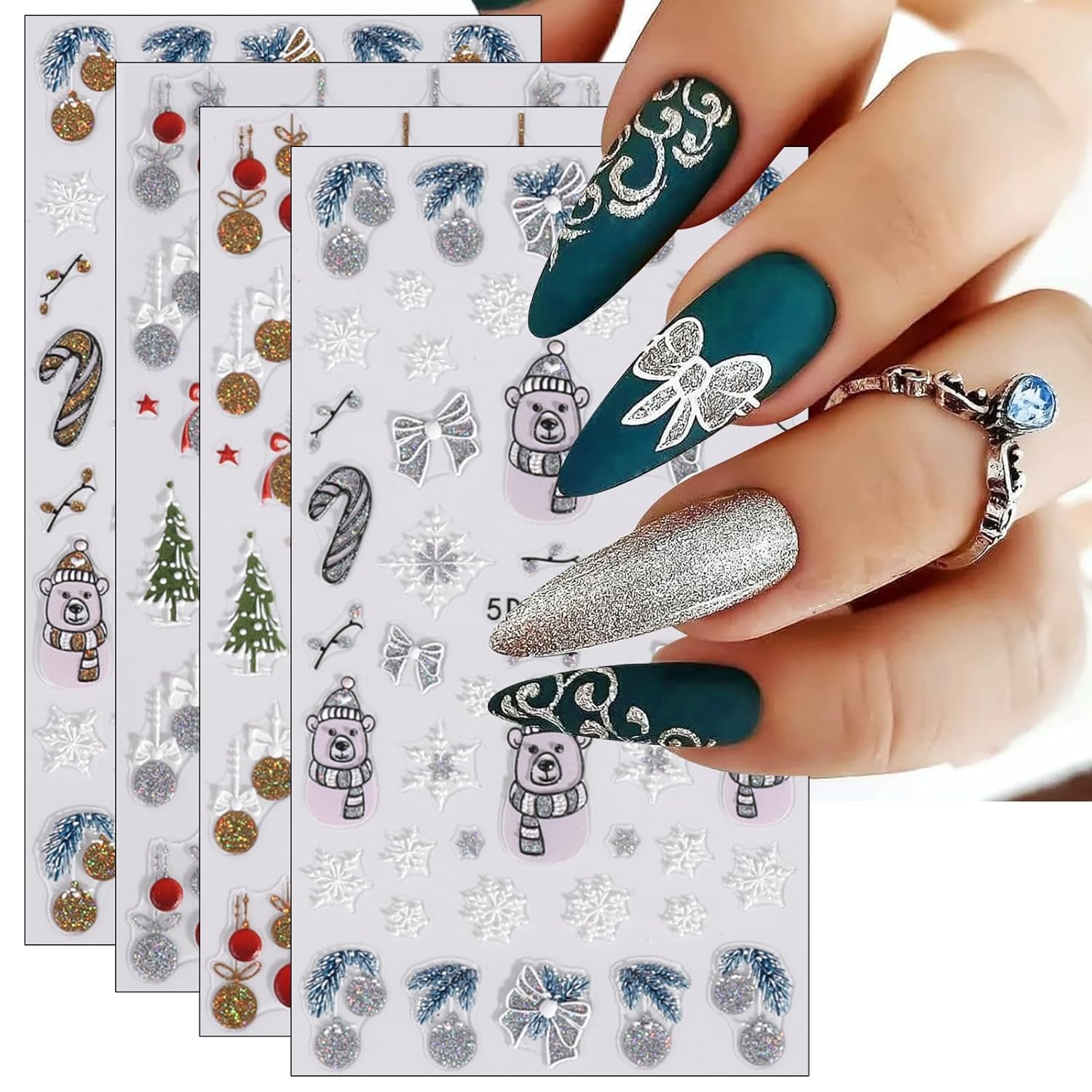 JMEOWIO 3D Embossed Christmas Nail Art Stickers Decals Self