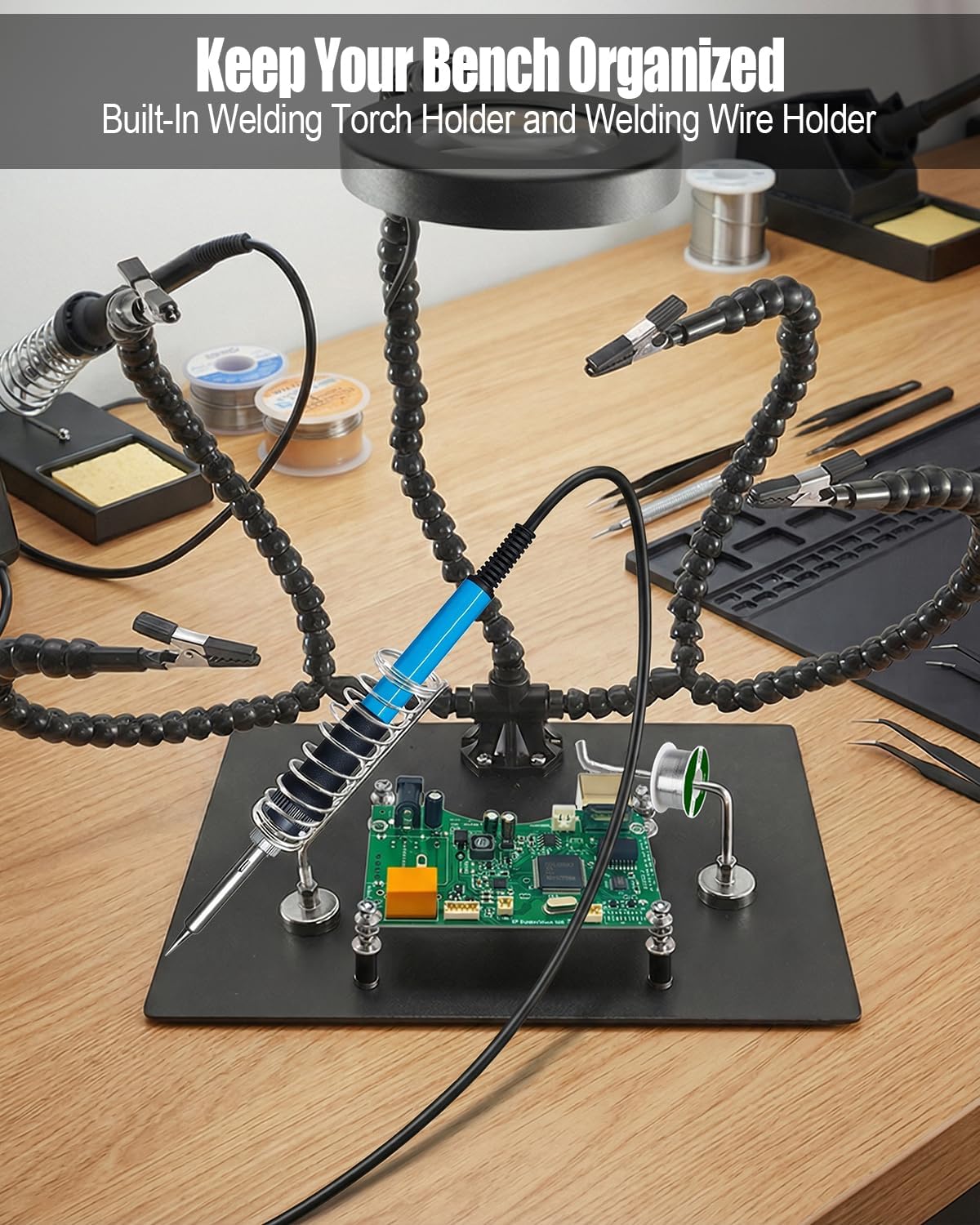 Heavy Duty Soldering Station with Helping Hands, Magnetic Circuit Board Base, 3X LED Magnifying Lamp, Soldering Iron & Wire Holder, Precision Work Stand for Electronics Crafts DIY Repair
