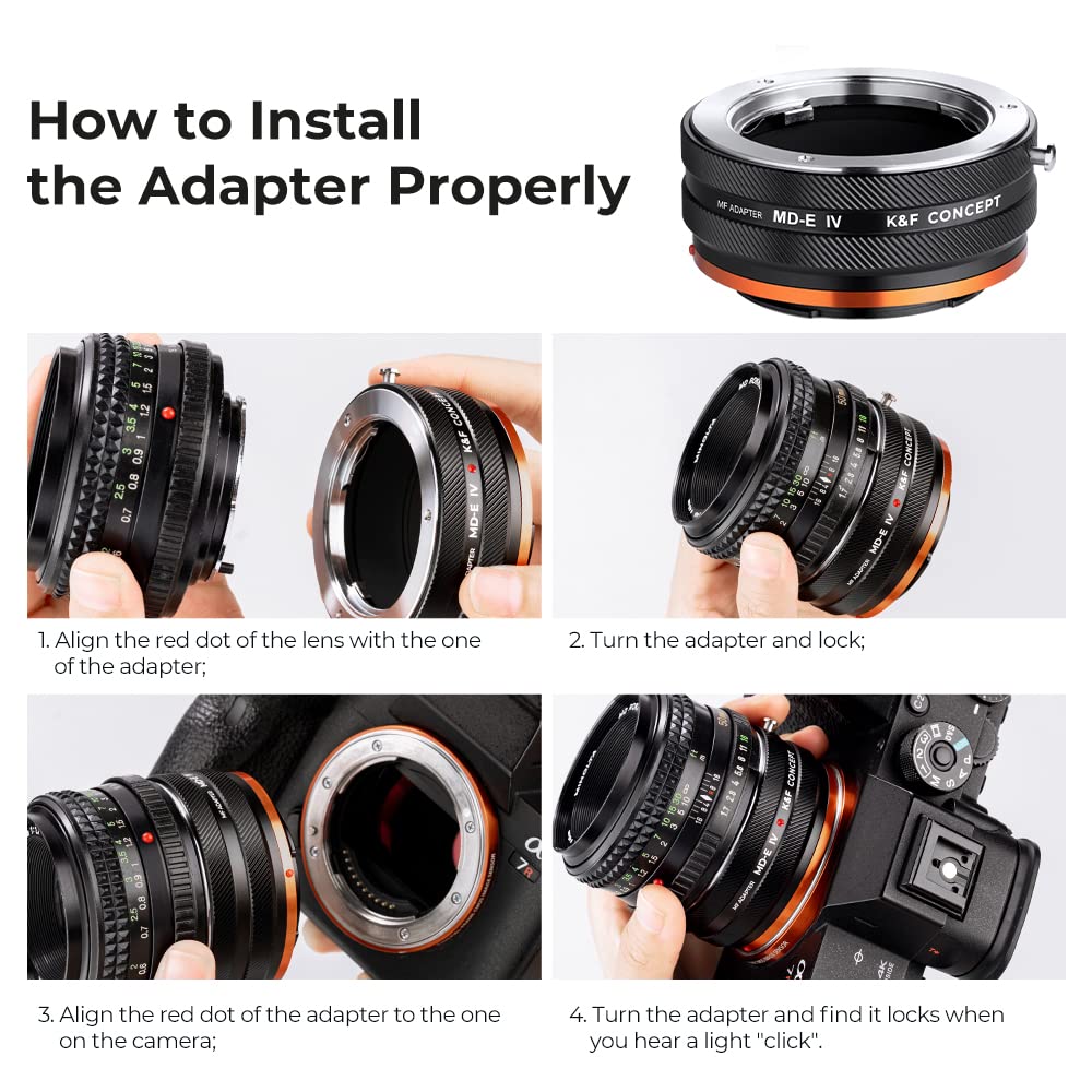 K&F CONCEPT Objektivadapter MD-NEX IV Manueller Fokus Kompatibel mit Minolta Rokkor (SR/MD/MC) Objektiv und Sony E Mount Kameragehäuse.