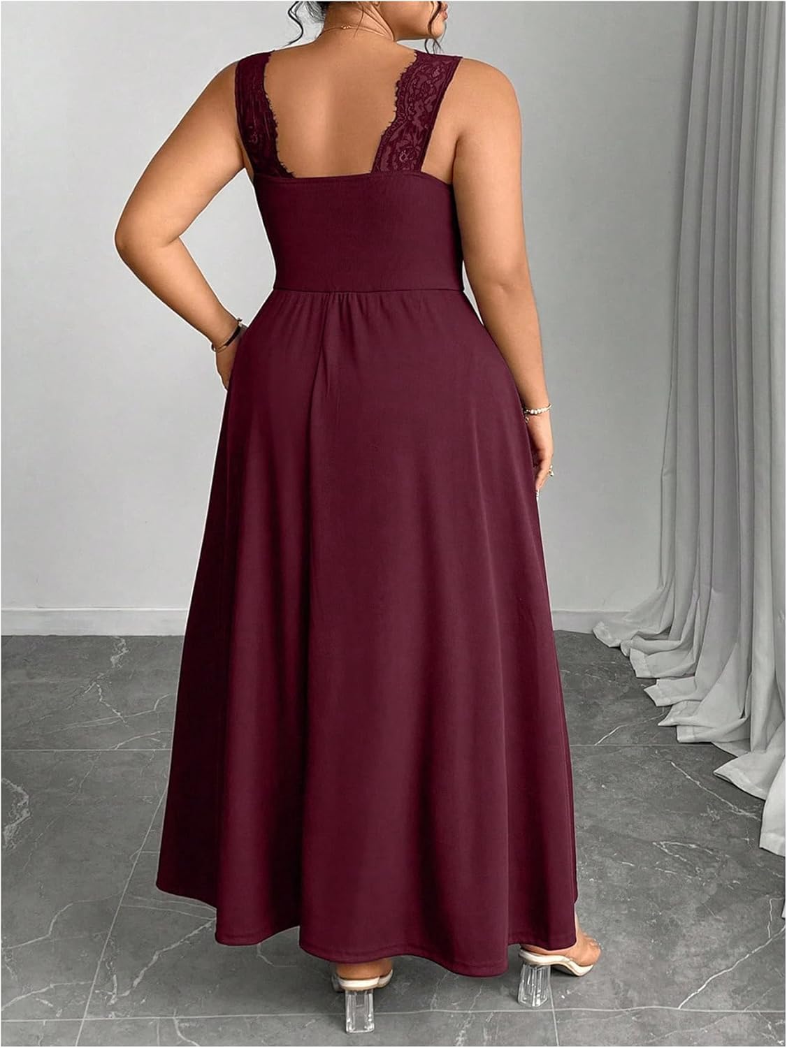 OYOANGLE Women's Plus Size Lace Trim Sleeveless Maxi Dress Wrap V Neck High Slit Formal Evening Dresses - Image 2