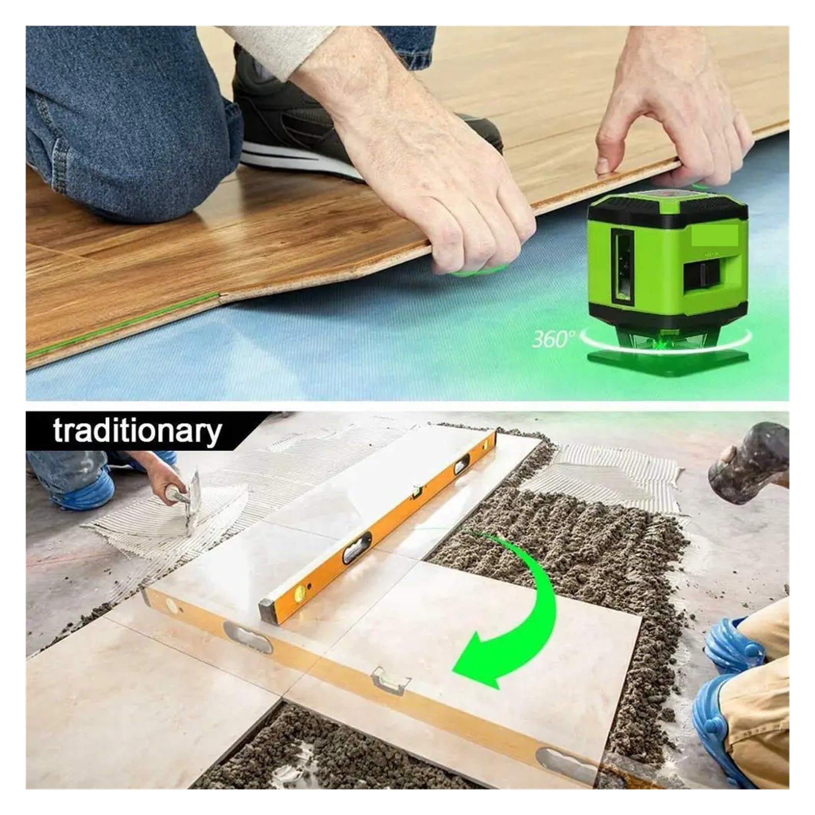 medidor de Distancia láser, Nivel Láser De Piso Rayo Verde, Herramienta Línea Cruzada Autonivelante 360 ​​° para Colocación Azulejos Cuadrados con Base FL360G