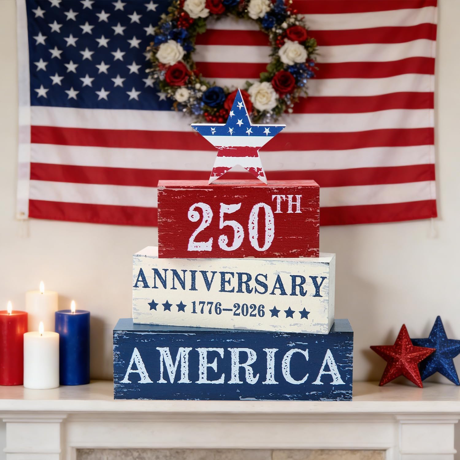 4 Pcs 250 Years American Anniversary Wooden Tabletop Decorations Red White Blue Stars Table Centerpieces Sign Office Tiered Tray Home Shelf for 4th of July Patriotic Memorial Day (b)