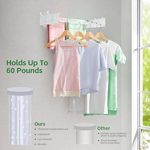 Miniatura 4 de Escurridor de ropa para colgar en la pared de 23.6 pulgadas, estante de secado de ropa plegable con 4 ganchos para toallas y 4 varillas para colgar