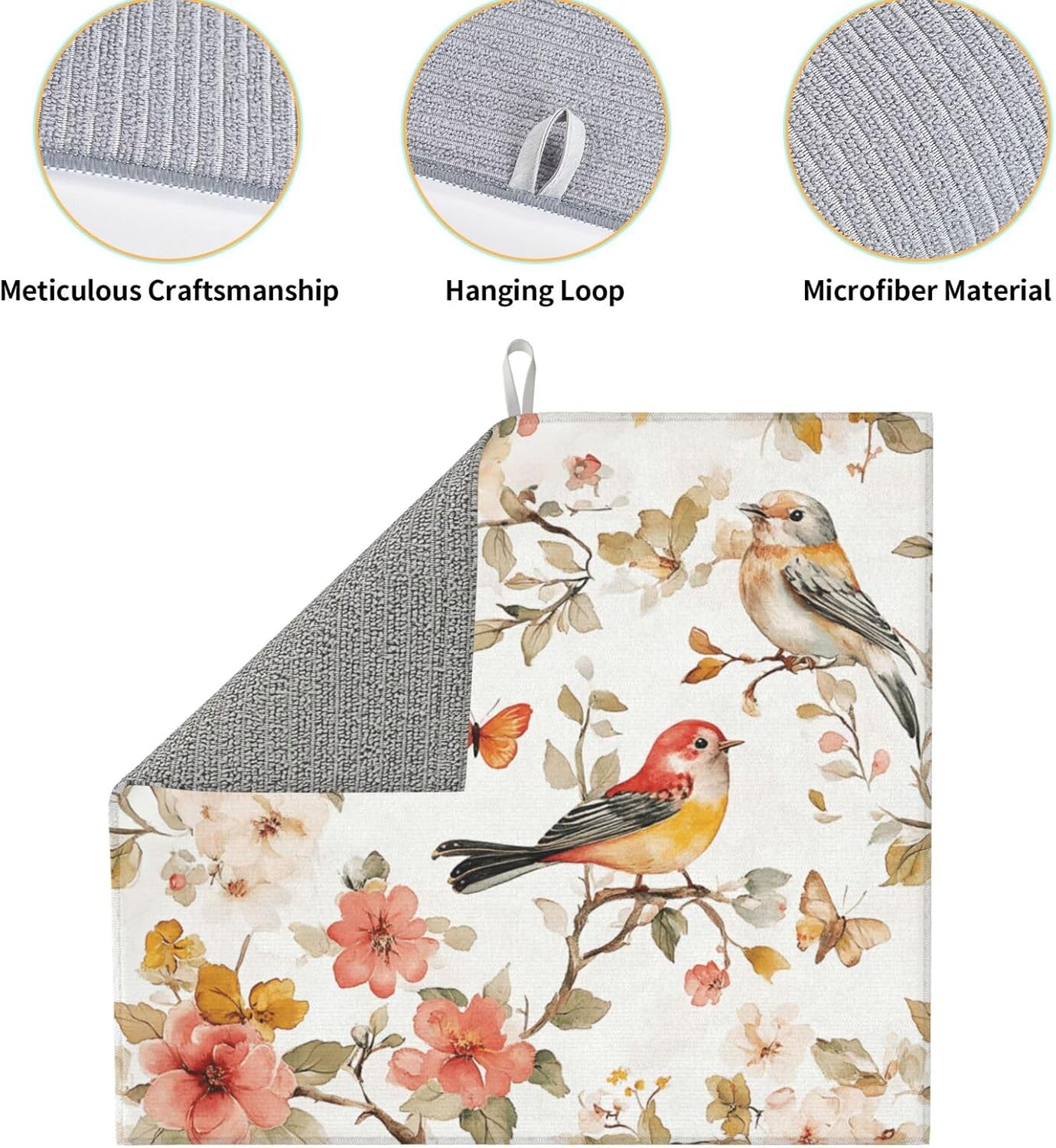 Watercolor Bird Butterfly Flowers Dish Drying Mat For Kitchen Counter Pastel Floral Dry Mats Microfiber Dish Drainer Mat Protector Pad Absorbent Fast Drying Kitchen Must-Have 16x18 Inch