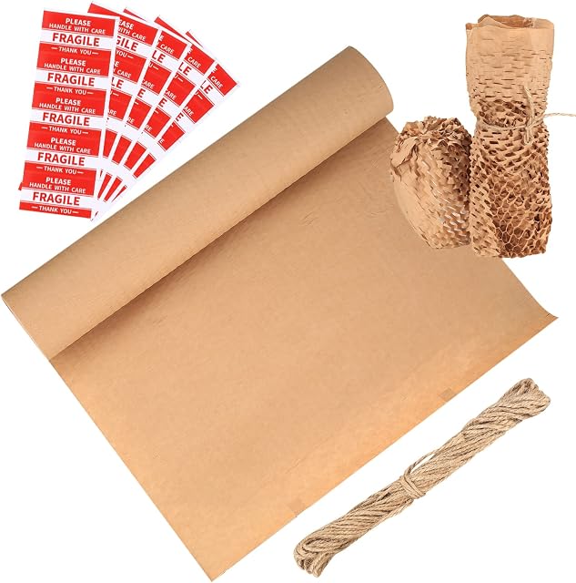 Honeycomb Packing Paper for Moving House(15 inch*98 ft), Cushioning Wrap Paper Roll, Protective Honeycomb Packaging Paper with 20m Hemp Rope & 20 Pcs Fragile Stickers for Moving House Shipping