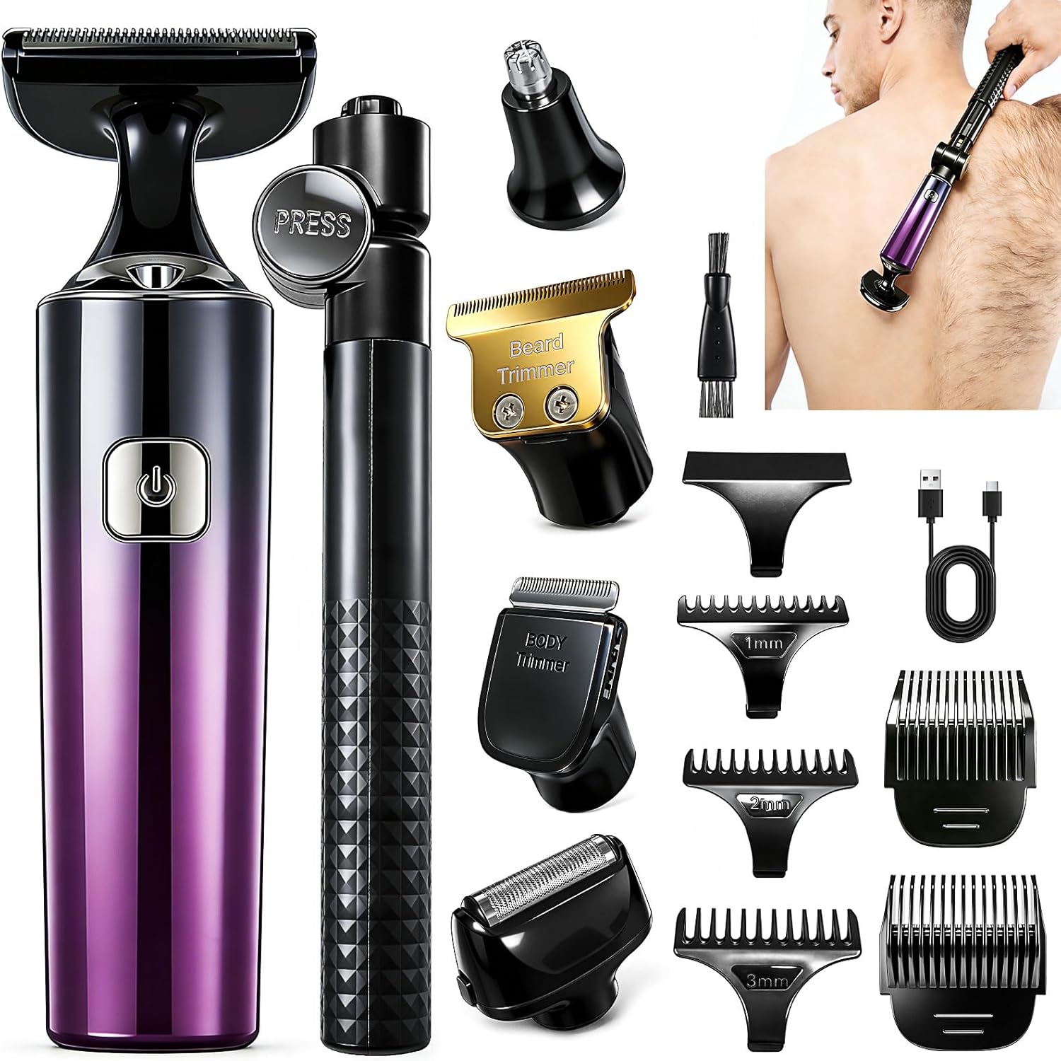 Electric Mens Back Shaver Body Trimmer Hair Groomer 5 in 1 Kit with Extendable Auxiliary Arm Waterproof Facial,Chin,Arm,Back,Pubic Hair Trimmer Grooming Set，Multi-Functional Back Trimmer for Men