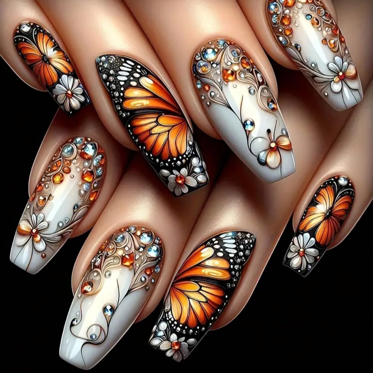 Colorful Gradient Press on Nails Butterfly Fake Nails Medium Long Coffin Acrylic Stick on Nail Cute False Nails Reusable Full Cover for Women Girls 24PCS