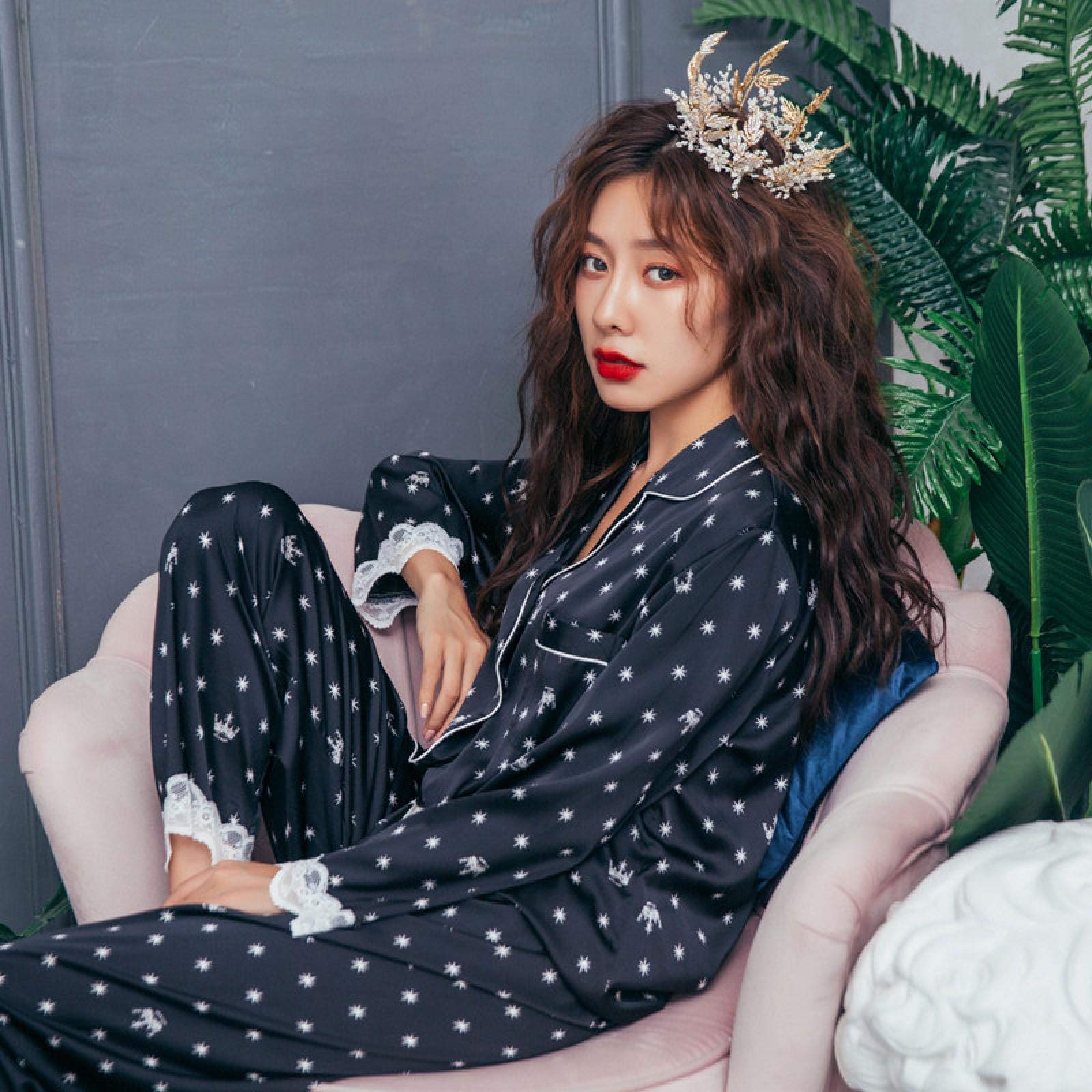 Pyjamas imprimés pour femmes avec pantalon à revers en dentelle taille M