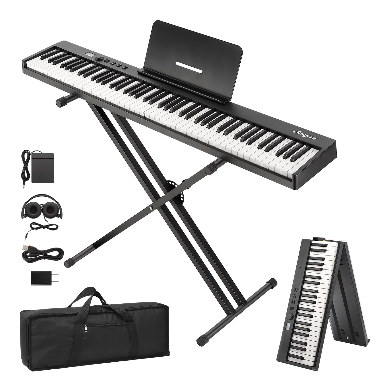 88-Key Folding Portable Keyboard with Accessories, Compact and Lightweight Electric Piano for Travel Practice, Home Use and Music Learners