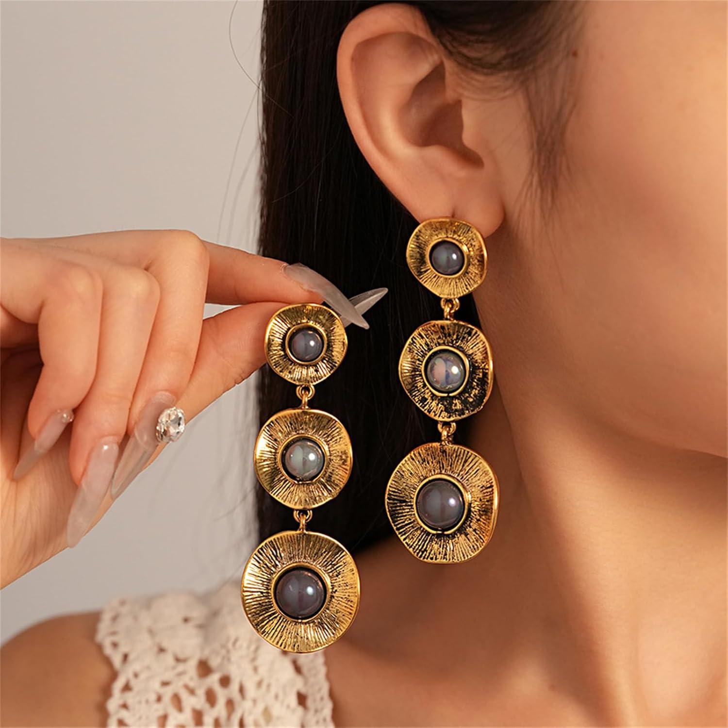 Gold Round Geometric Earrings for Women Boho Gold Pearl Dangle Earrings Handmade Trendy Statement Earrings Vintage Wedding Jewelry Gifts - Image 2