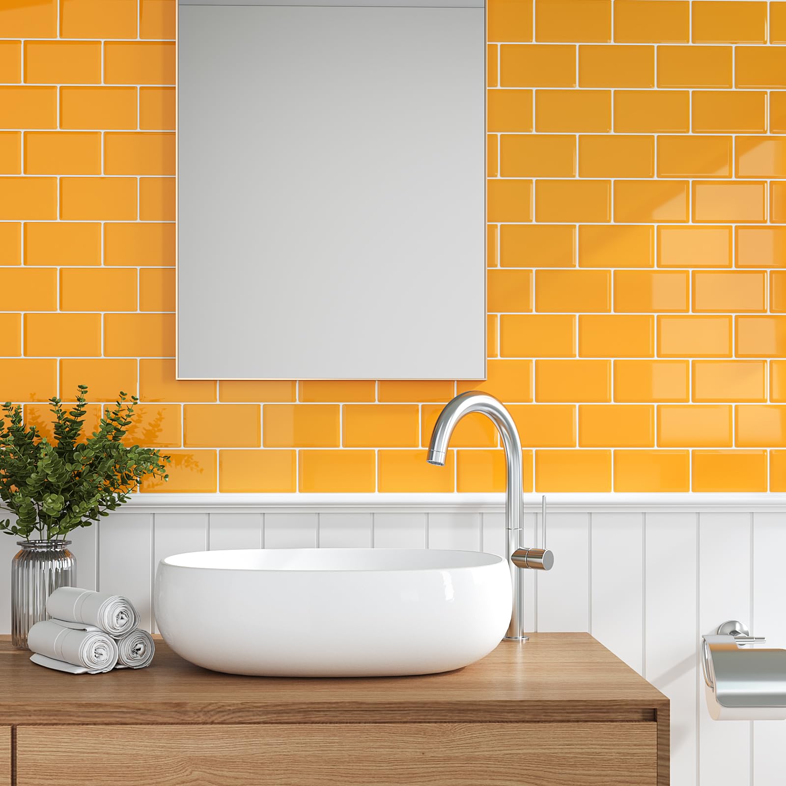 VEELIKE Azulejos Adhesivos Cocina Amarillo Brillante Rectangulares 3D Baldosas Adhesivas Pared Baño Vinilo Cocina Pared Azulejos Adhesivos Pegatinas de Baldosas Lavanderías 30.5cm×30.5cm 12 Piezas