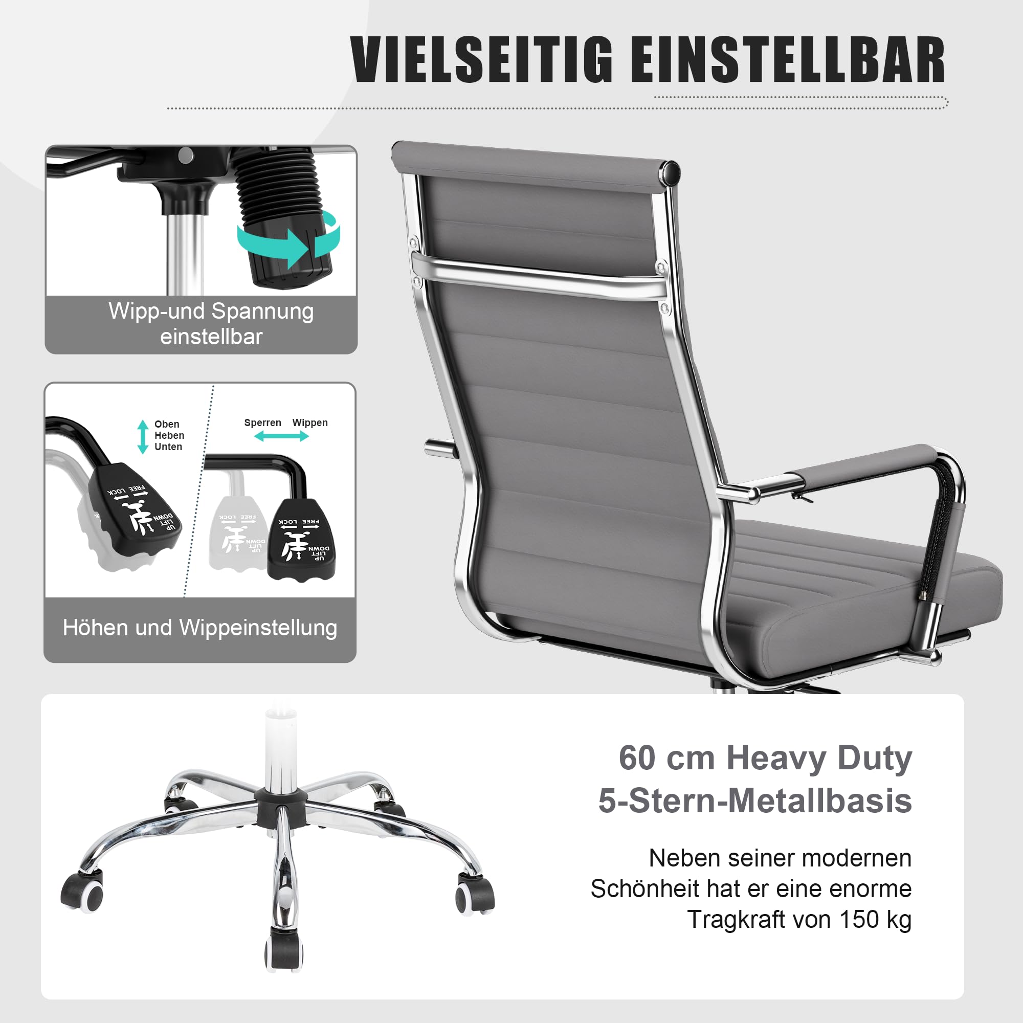 UEV Bürostuhl Ergonomisch Wippfunktion bis 150 kg belastbar Drehstuhl Grau | Schreibtischstuhl mit Armlehne Office Chair S-förmige Lendenwirbelstütze gepolsterter Sitz höhenverstellbar aus Kunstleder