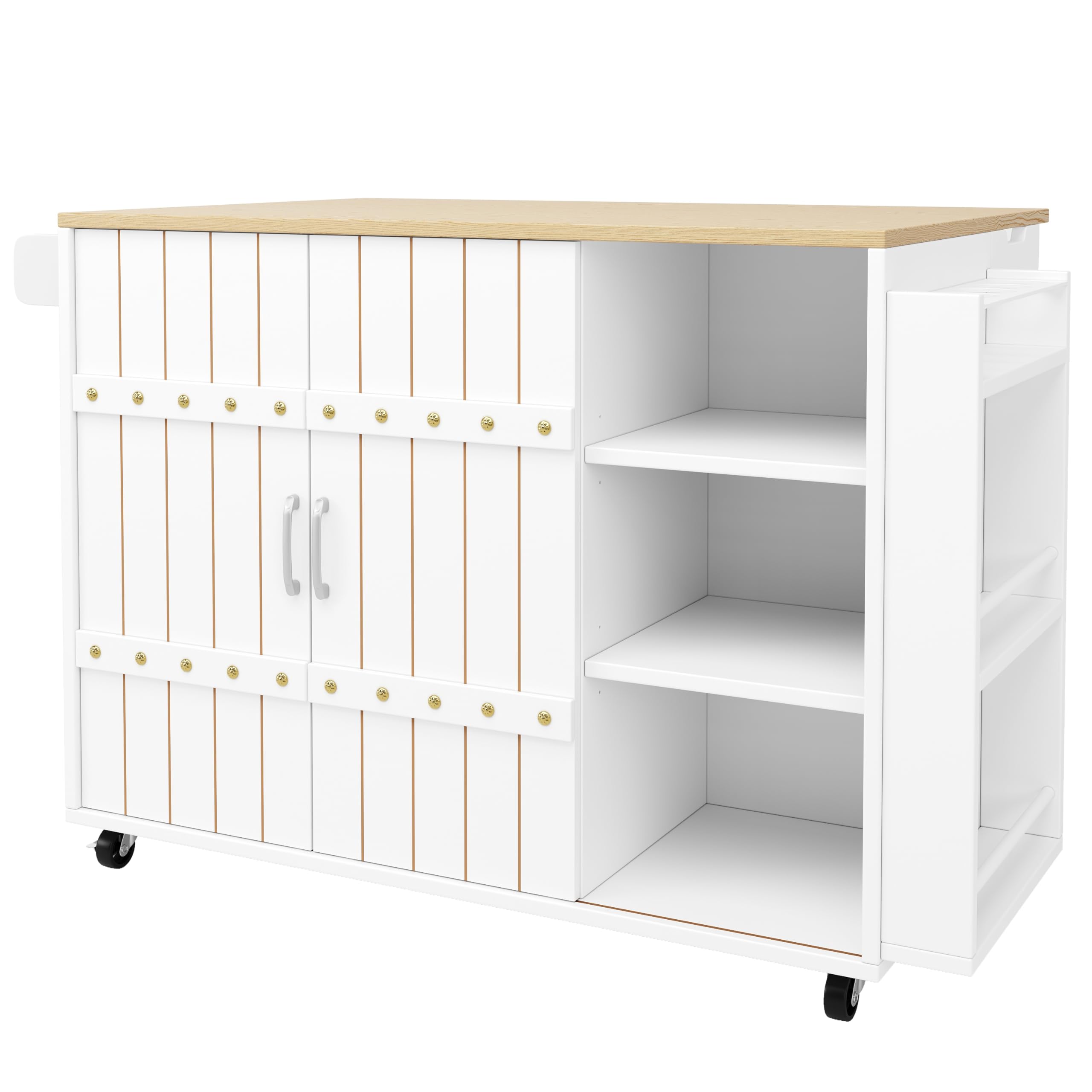 Küchenschrank, Servierwagen mit Holzmaserung, Küchenwagen mit Rollen und Arbeitsplatte, mit Gewürzregal und Handtuchhalter, Kücheninsel mit Schiebetüren und Schubladen, Weiß