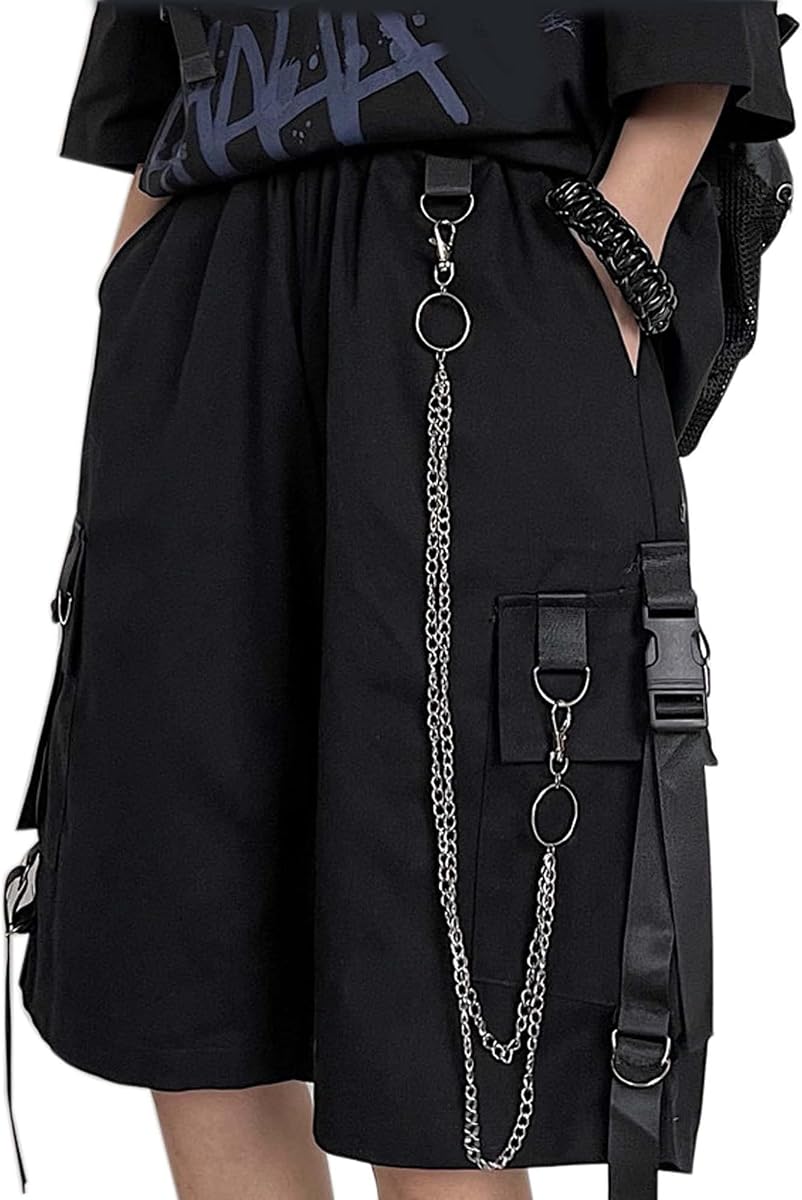 Black Cargo Pants for Women Street Harajuku Loose Straight Shorts Black Pants with Chains