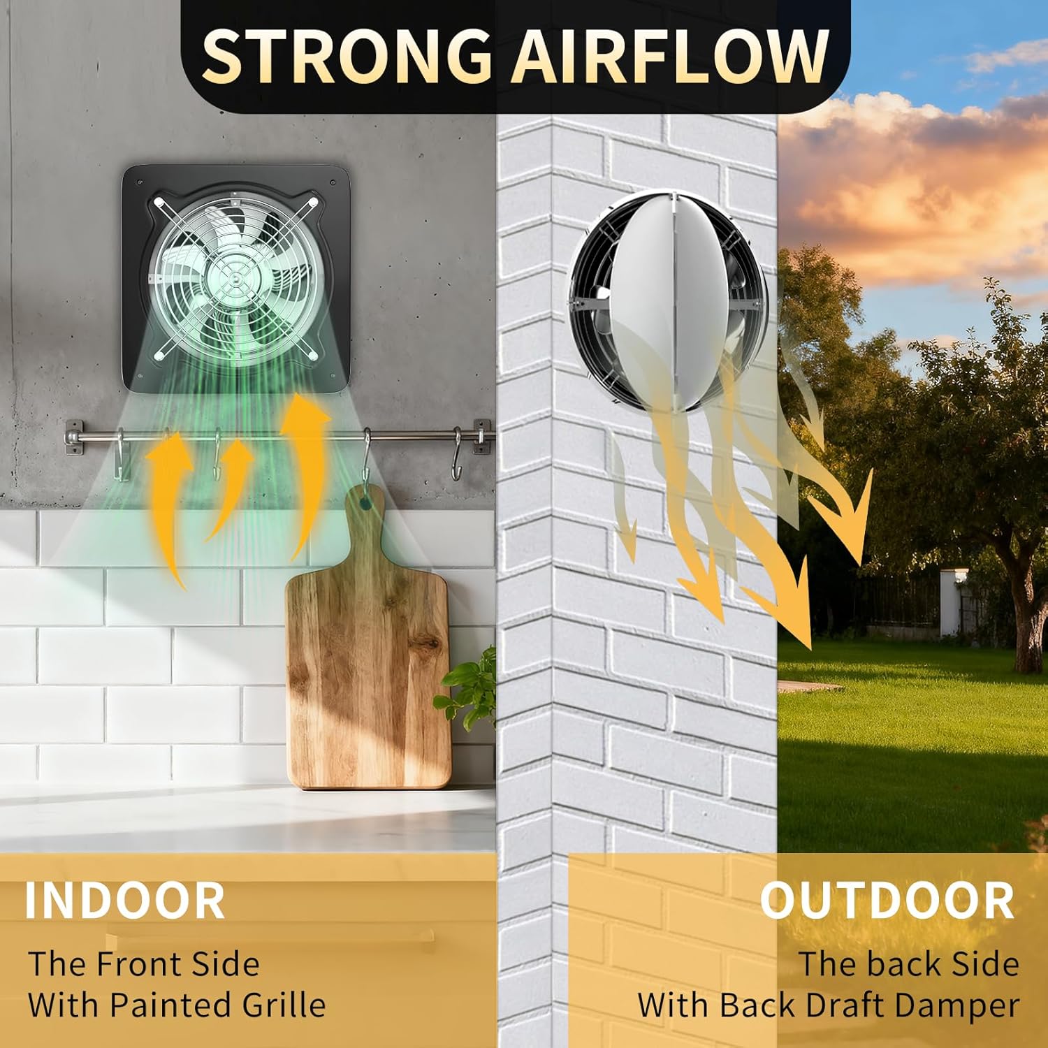 6 inch Exhaust Fan, Kitchen Exhaust Fan for Wall, Potable Window Exhaust Fans, 308CFM Wall mounted Bathroom Fan with Check Valve for Kitchen, Workshop, Basement (Black)