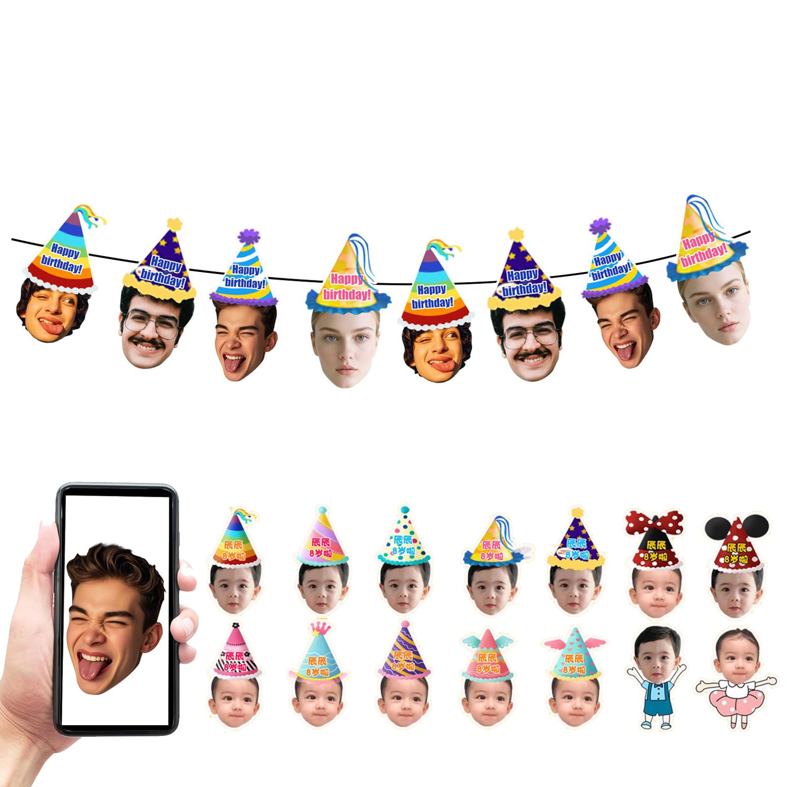 Personalised Photo Bunting, Customized Face and Party Hat, A5 Photo Banner cutout Party Accessory Hen Parties Stag Birthdays，Birthday Decorations (2+2+2+2 Bunting Face)