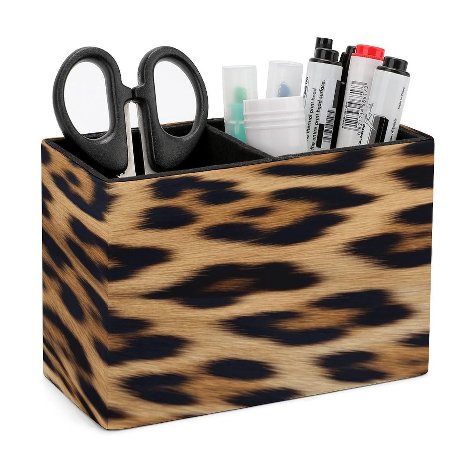 LZQPOEAS Rough Leopard Print Leather Pen Holder Square Pencil Holder Multi-Functional Desk Organizer Modern Pen Cup Pencil Cup Minimalist Desktop Stationery Organizer for Desk Office Home