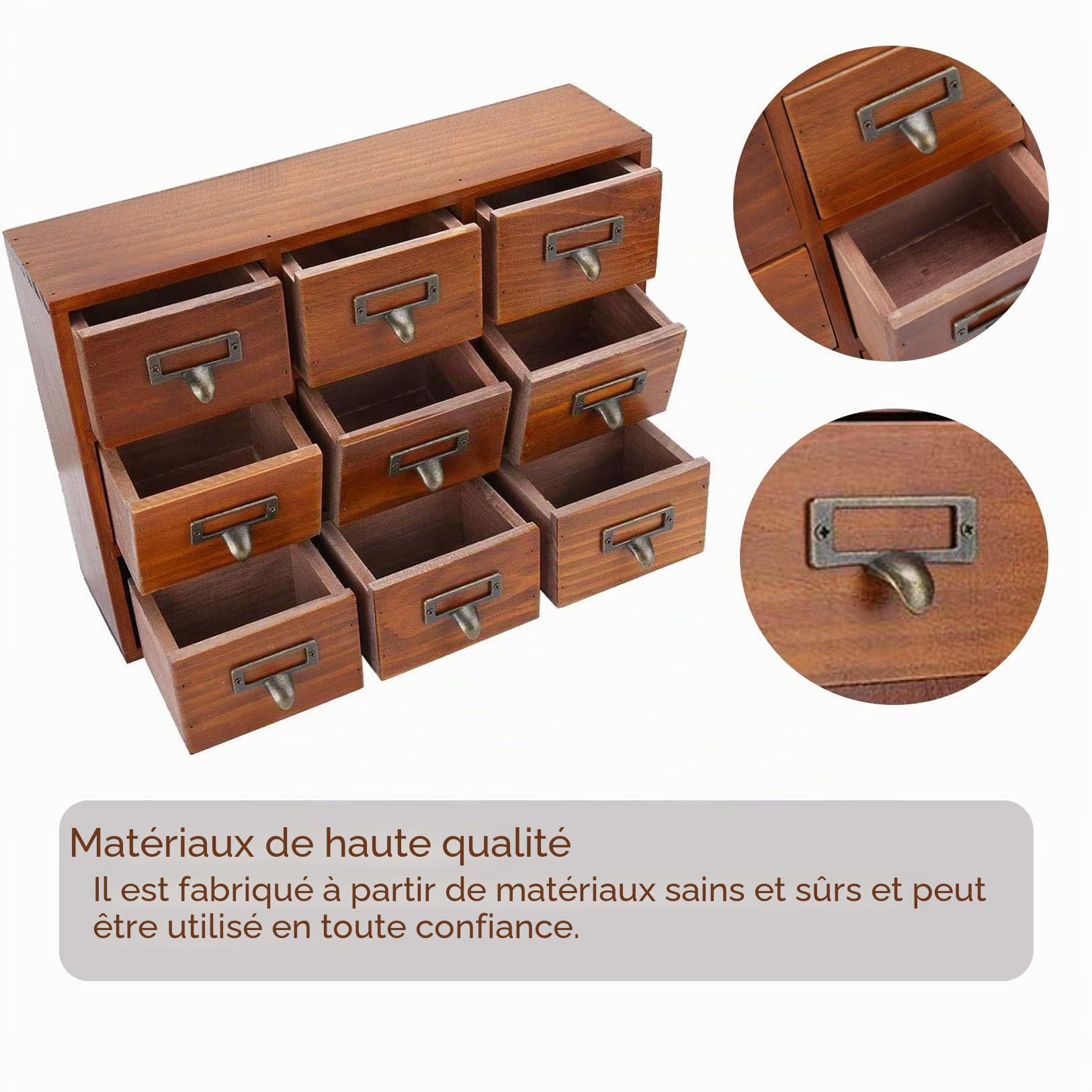 Tiroir vintage boîte de rangement en bois organisateur d'armoire apothicaire avec poignée en pin solide pour bijoux et maquillage (conception de poignée bois de pin solide et dura)