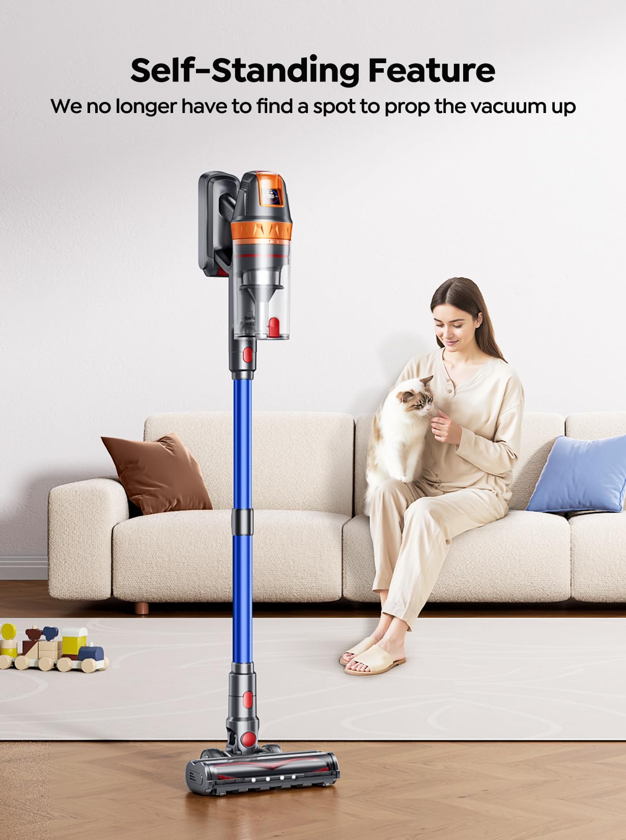 Aspiradora inalámbrica, 600 W con herramienta de limpieza de colchón adicional, aspiradora de palo de 45 KPA para el hogar 60 minutos de tiempo de funcionamiento, autosuficiente, carga de montaje en 6