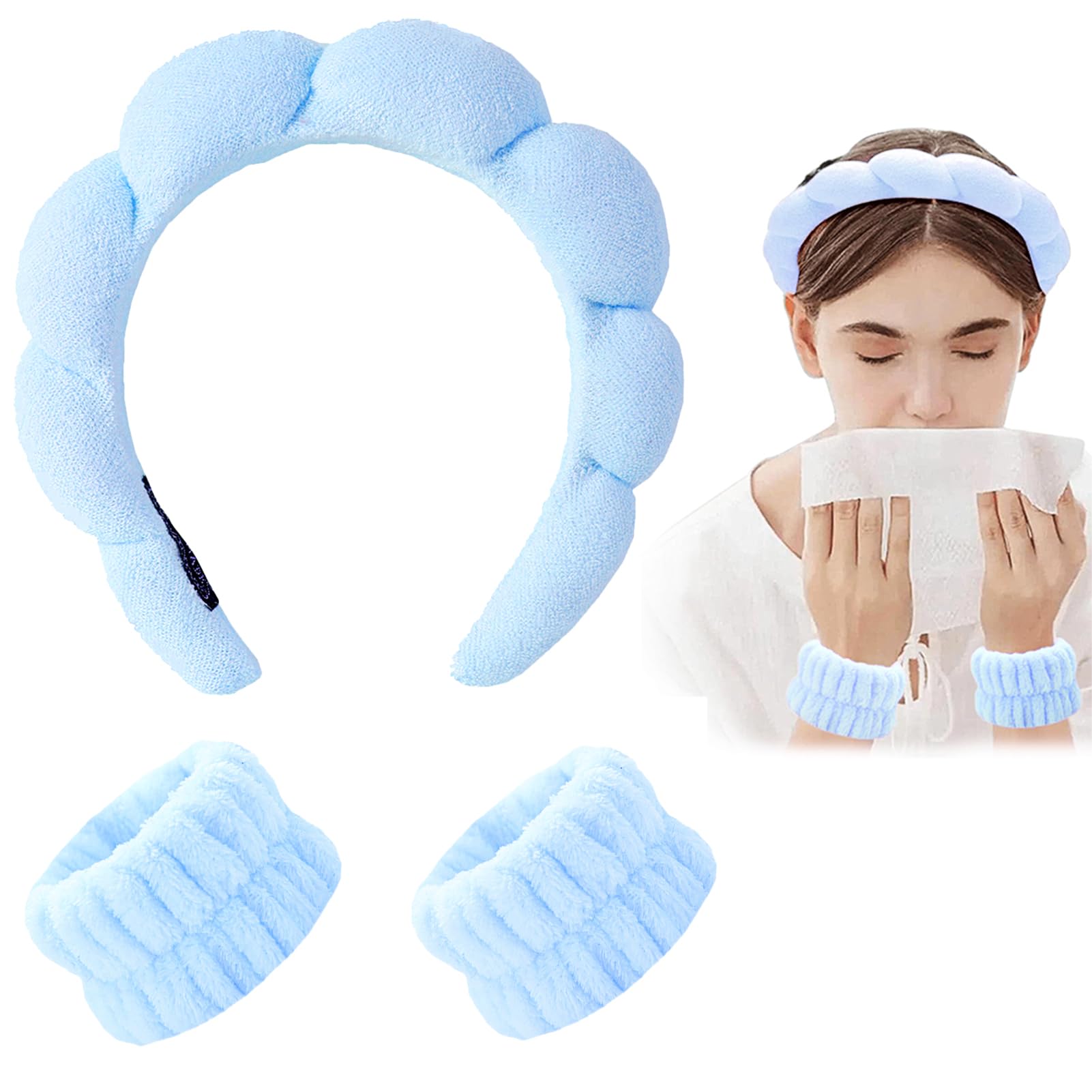 Juego de 3 Diademas de Spa, Diadema de Maquillaje y Pulsera, Diademas Faciales de Spa, Diadema de Esponja para Lavar la Cara, Muñequera para Spa (#3)