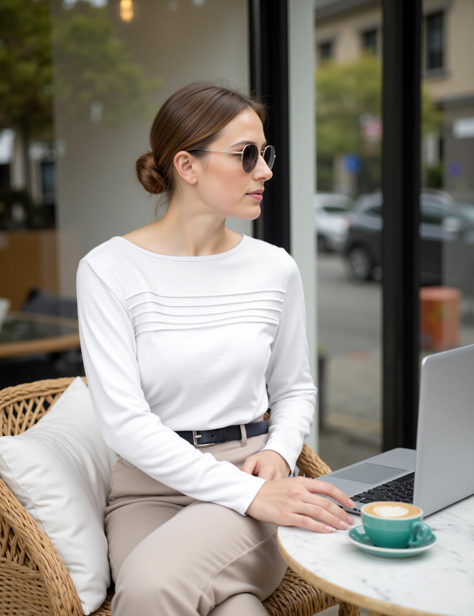 Gyabnw Maglia Manica Lunga Donna T Shirt Cotone Elegante Maglietta Girocollo Design Plissettato Donna Casual Elegante Top Bluse