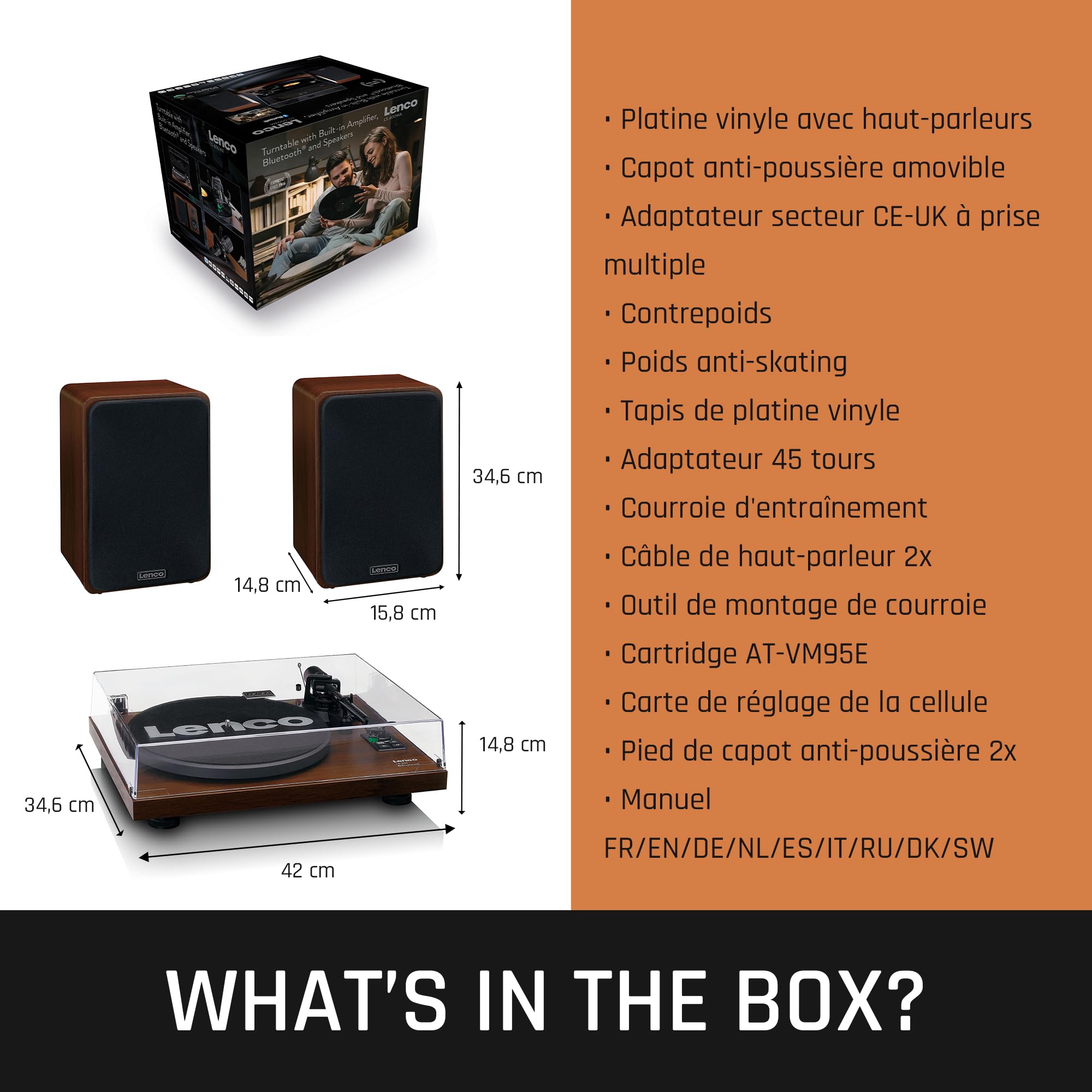 Lenco LS-600WA -Tourne-disque avec amplificateur intégré et Bluetooth plus 2 haut-parleurs externes - Bois