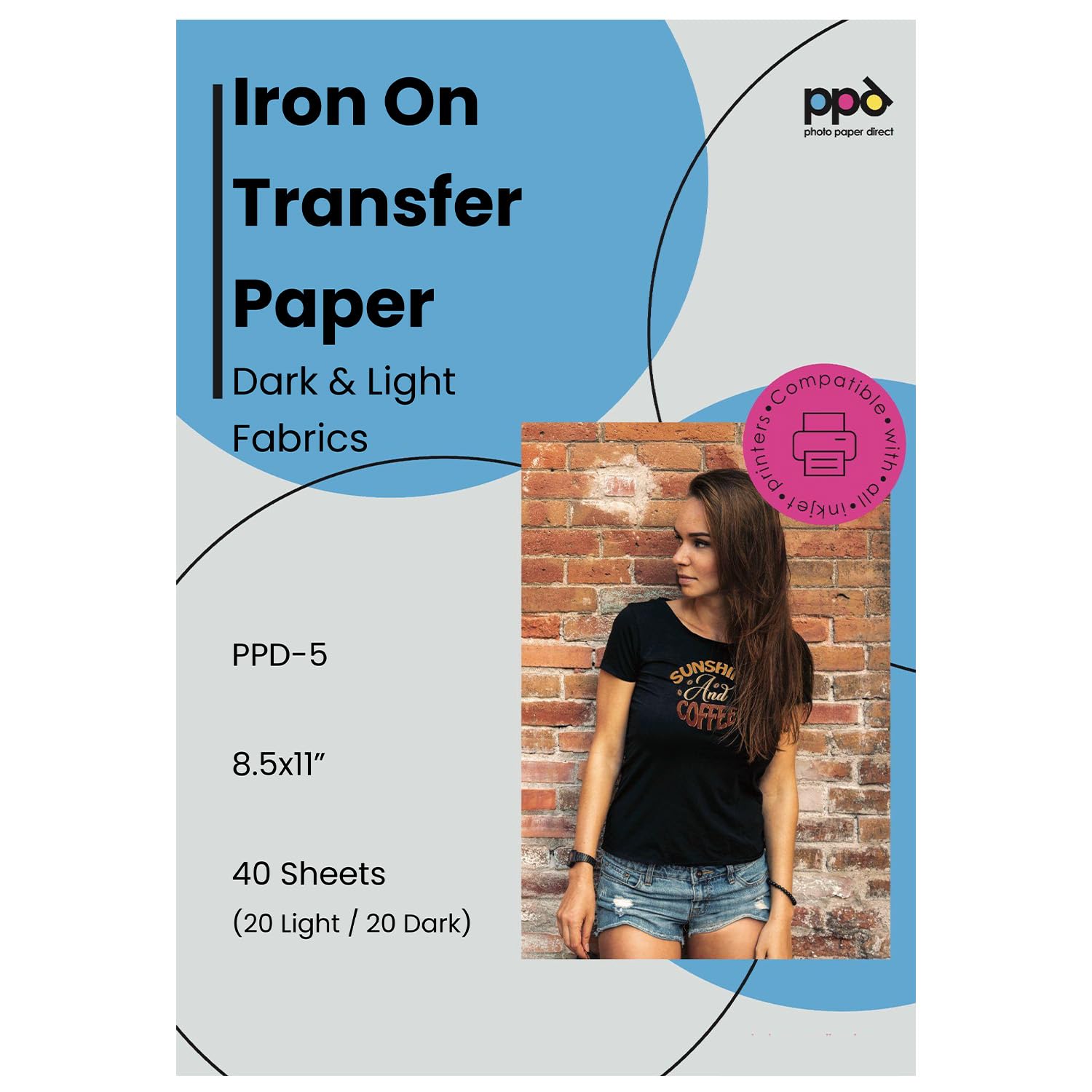 PPD Iron on Transfer Paper for Light and Dark Fabric, Compatible with Inkjet Printer, 8.5 x 11 Printable Heat Bond Transfer for T Shirts & Clothing, Stretchy & Washable, DIY (20 Light/20 Dark Sheets)