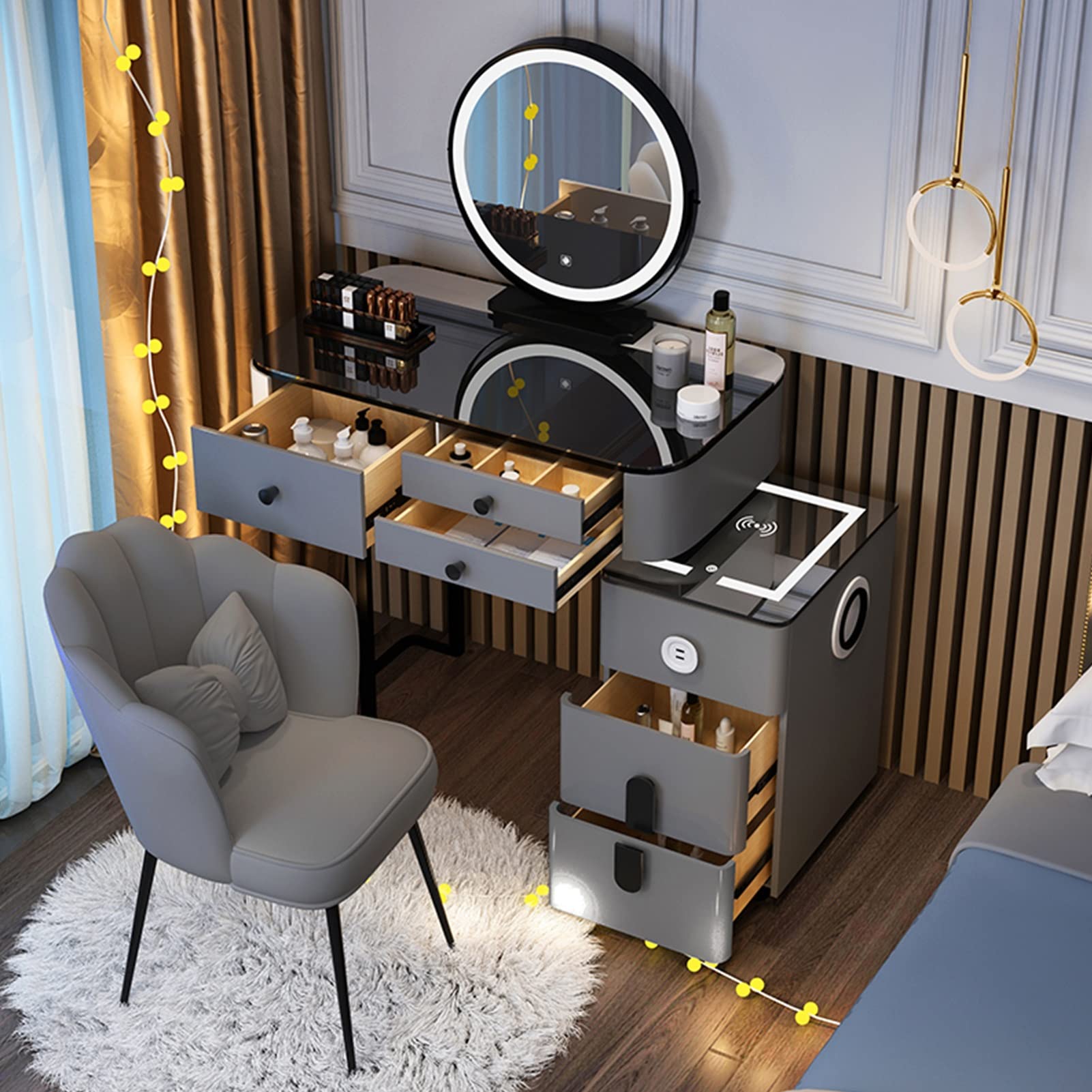 CGCSYZ Dressing Table Glass Top, Makeup Vanity Table Set With 3 Color Touch Screen Dimming Mirror, Vanity Desk with USB Ports Charging Station, with Cushioned Stool(Gray a-80cm/31.5in)