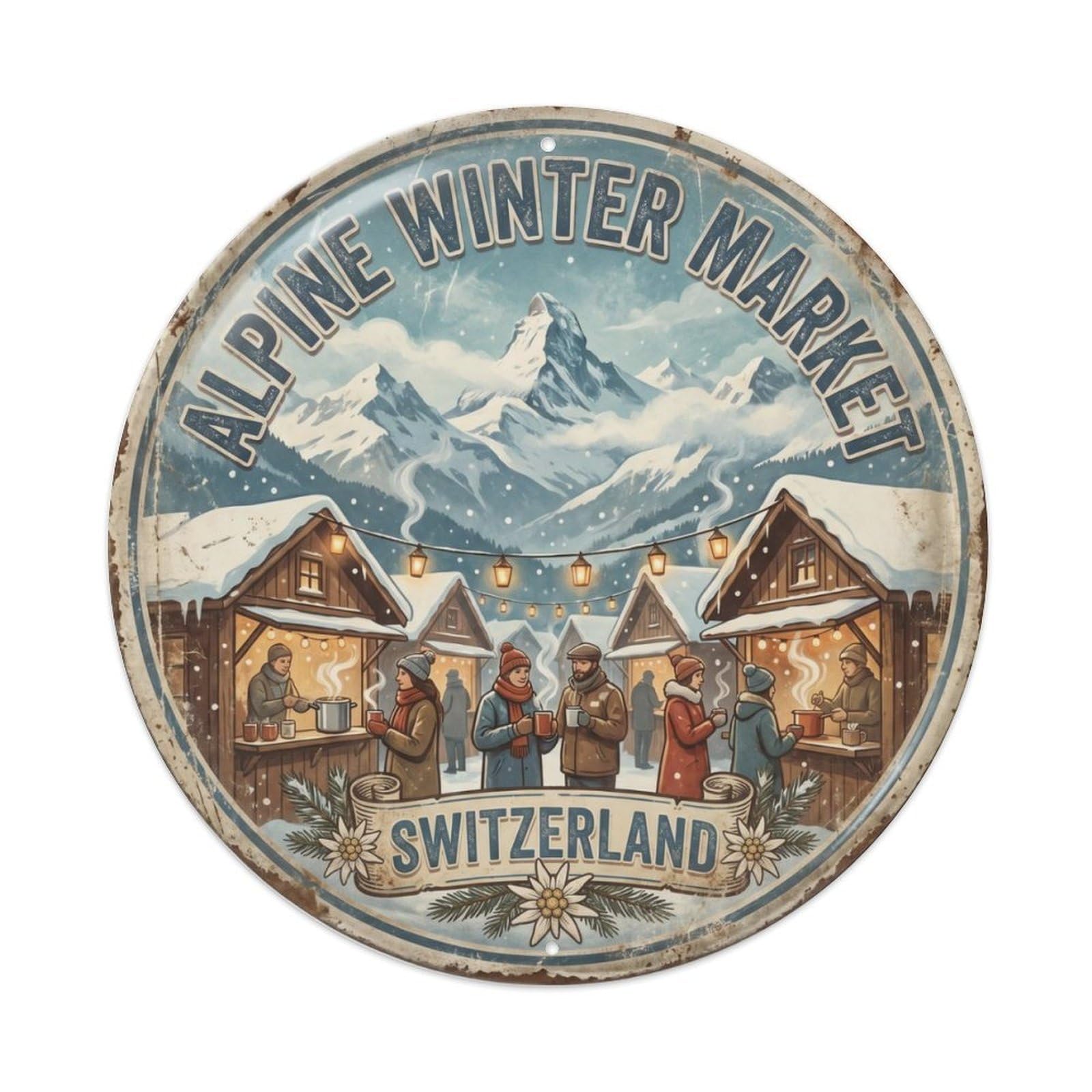 Vintage Travel Alpine Winter Switzerland Market Metal Tin Sign Plaque Wall Decor for Cafe, Club Bar, Office, Home Garden Round Metal Poster 8x8Inch
