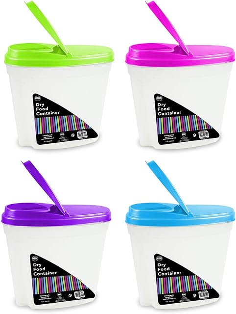 Dry food storage containers 4.8 litres with lid quality plastic perfect for storing food such as cereals dog food pet treats cookies chocolate and great for saving space in the kitchen. Comes as a pack of 4.