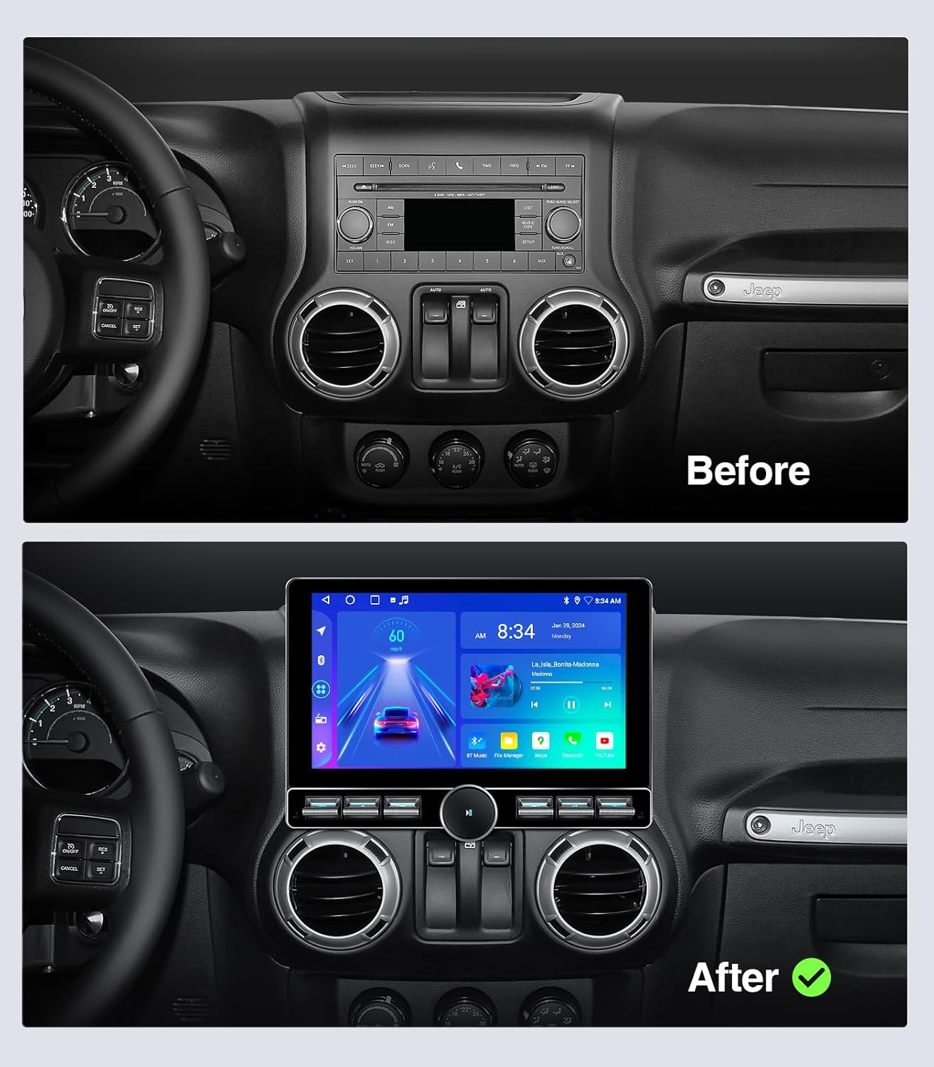 Before and after installation of the AINAVITO car stereo in a Jeep Wrangler dashboard