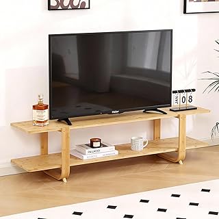 Tiita Bamboo TV Stand for 55 Inch TV, Entertainment Center with 2 Open Shelf, Mid Century Modern Media Console for Living Room, Bedroom, Wood