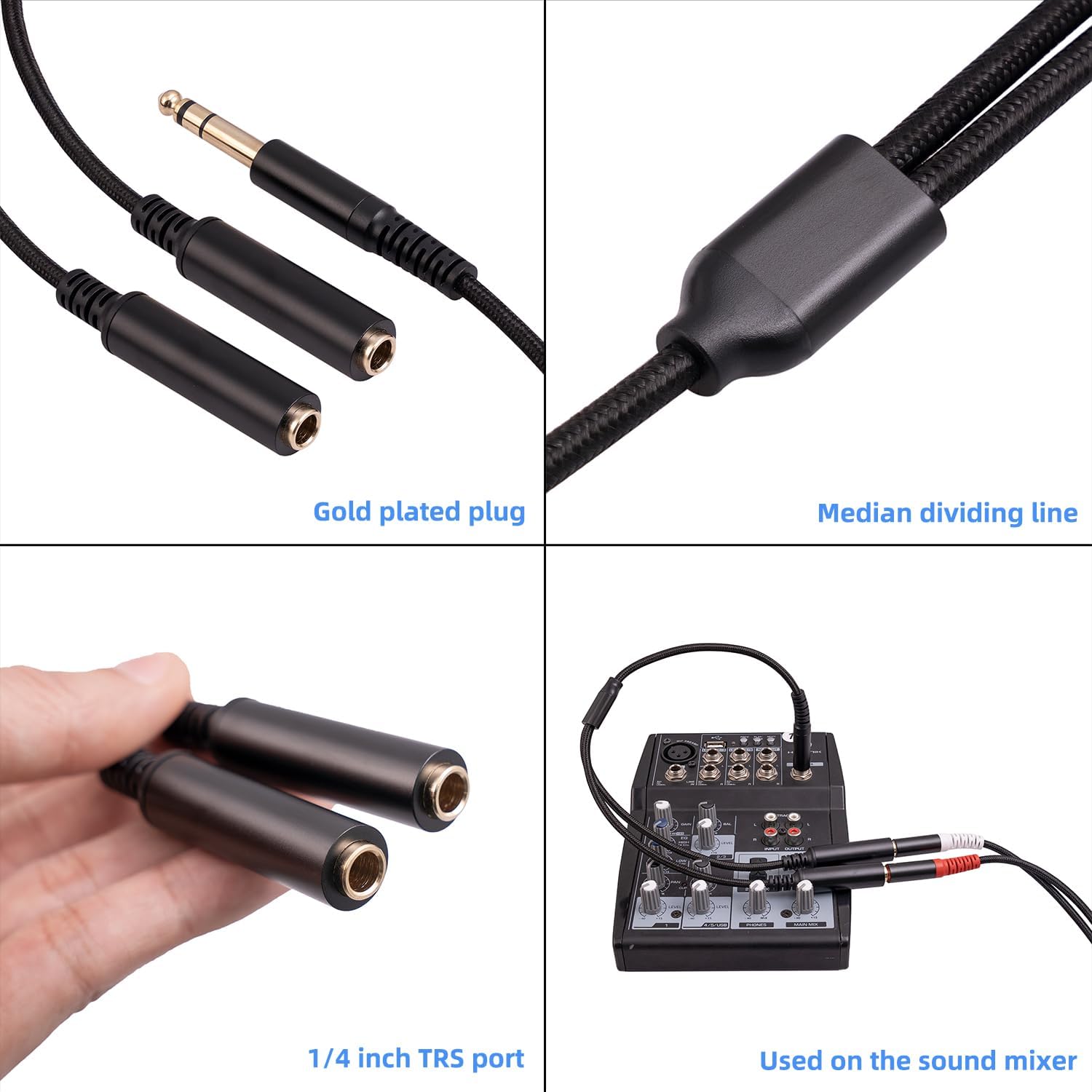 Cavo audio stereo TRS da 1/4 per chitarra o mixer con uscita jack, 3 m, confezione da 2, nero, adattatore splitter a Y, cavo da 6,35 mm maschio a doppio jack femmina da 6,35 mm, connettori placcati in