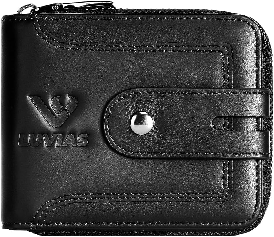 Genuine Leather Wallet for Men Large Capacity ID Window Card Case with Zip Coin Pocket, Black, Fashion