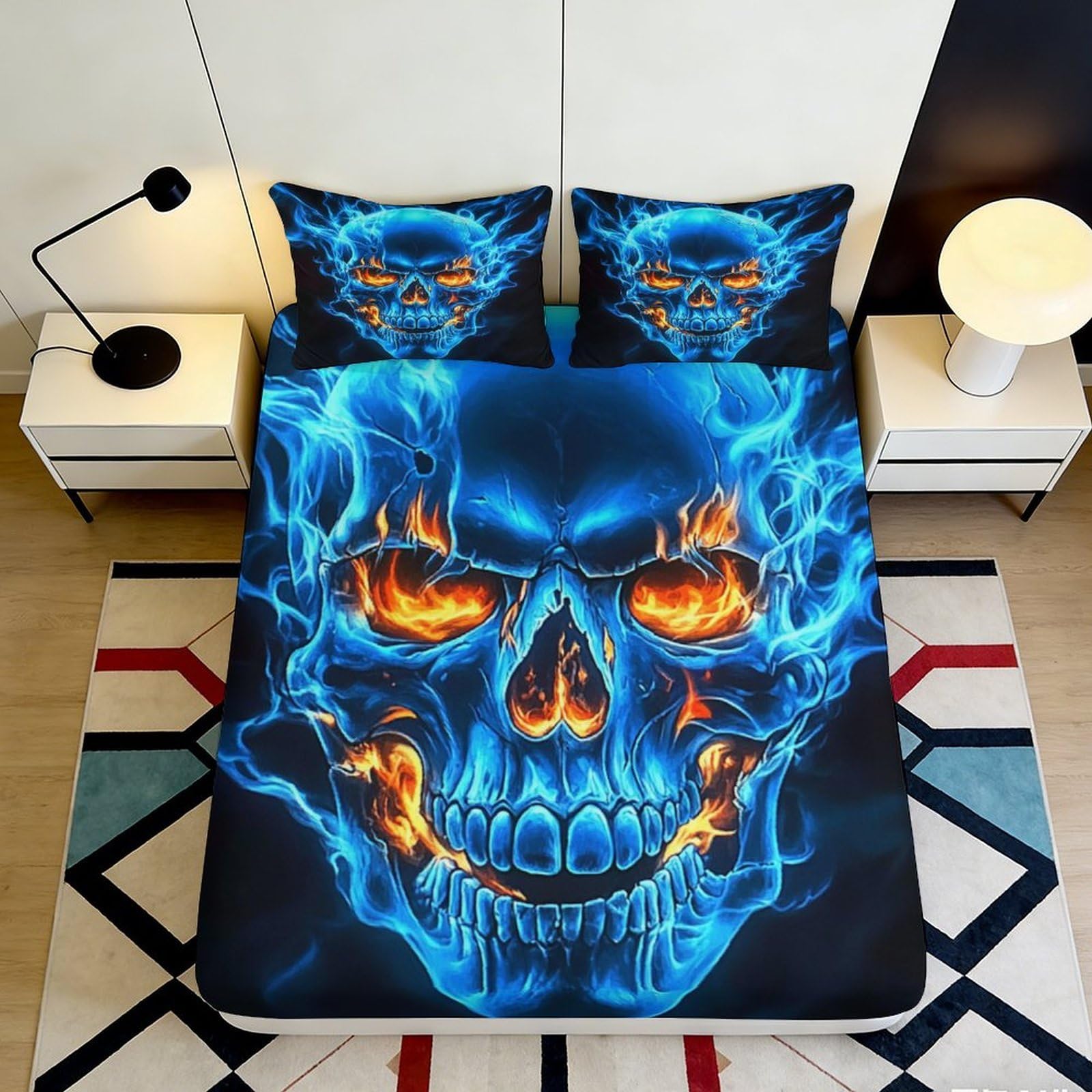 3D Printed Blue Flame Skull Fitted Sheet Microfiber Soft Mattress Cover for Bedroom Guest Room Dorm Decor Washable 90x200x25cm