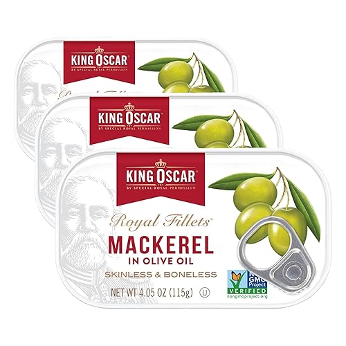 Miniatura 14 de King Oscar Caballa en aceite de oliva, lata de 4.05 onzas (paquete de 6, el embalaje puede variar), sin piel y sin hueso, caballa enlatada capturada