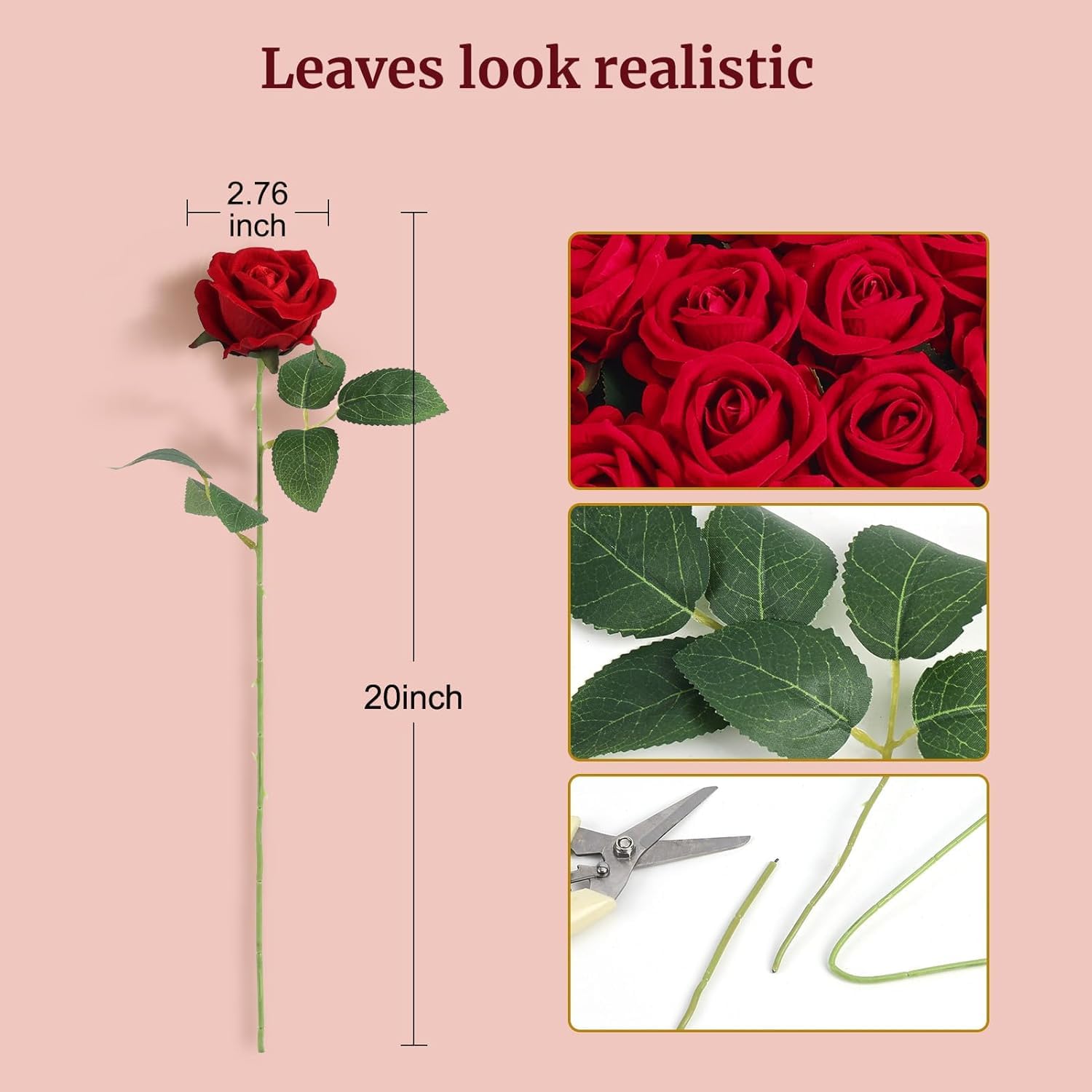 60 rose artificiali rosse in seta con steli pieghevoli per decorazione | Tessuto di seta rosso, 51 cm, realistico, steli flessibili, set da 60 pezzi, per bouquet da sposa, decorazione da tavolo