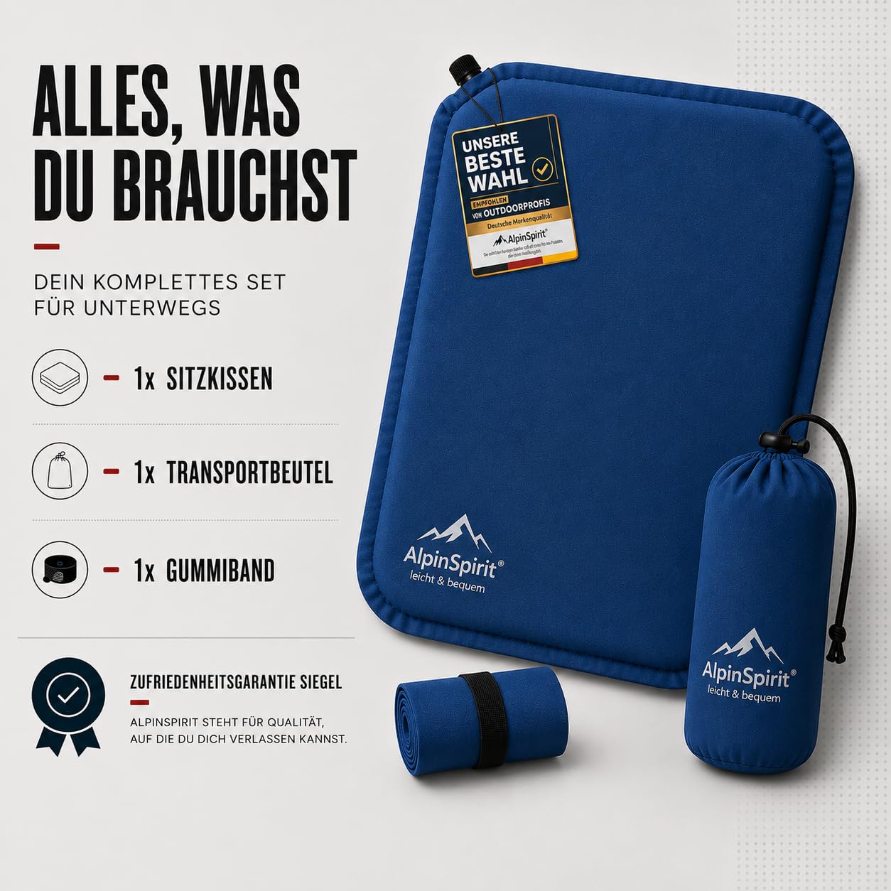 Coussin de siège gonflable d'extérieur [dimensions repliées et jusqu'à 5 cm] auto-gonflant, pliable et ultra léger, 40 x 30 cm, coussin de siège imperméable pour stade, camping, randonnée, avion