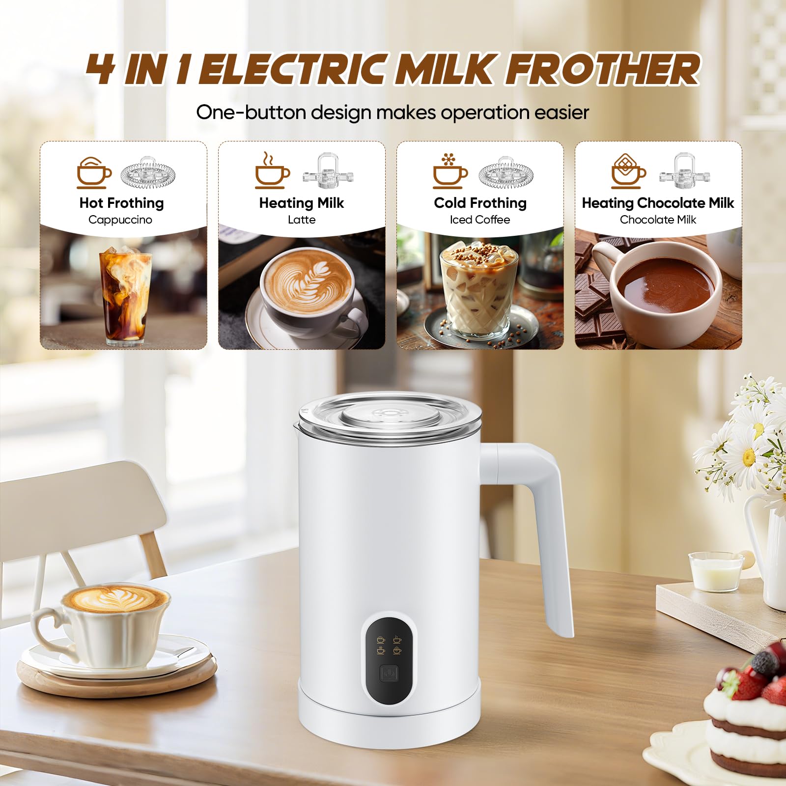 4 en 1 Montalatte Elettrico 400W 350ML scaldalatte Montalatte elettrico per cappuccino per Cappuccino, Latte, Macchiato e Cioccolata Calda...