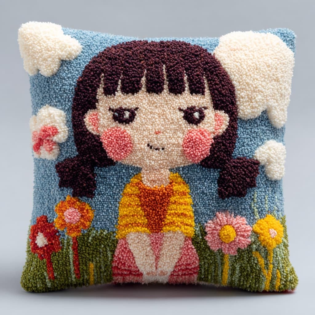 Taxpy Latch Hook Kit, Girl and Flowers Cushion DIY Pillow Materials Package 43cmX43cm Hooks Knitted Embroidered Carpet Pillow Embroidery Latch Hook Carpet Kit