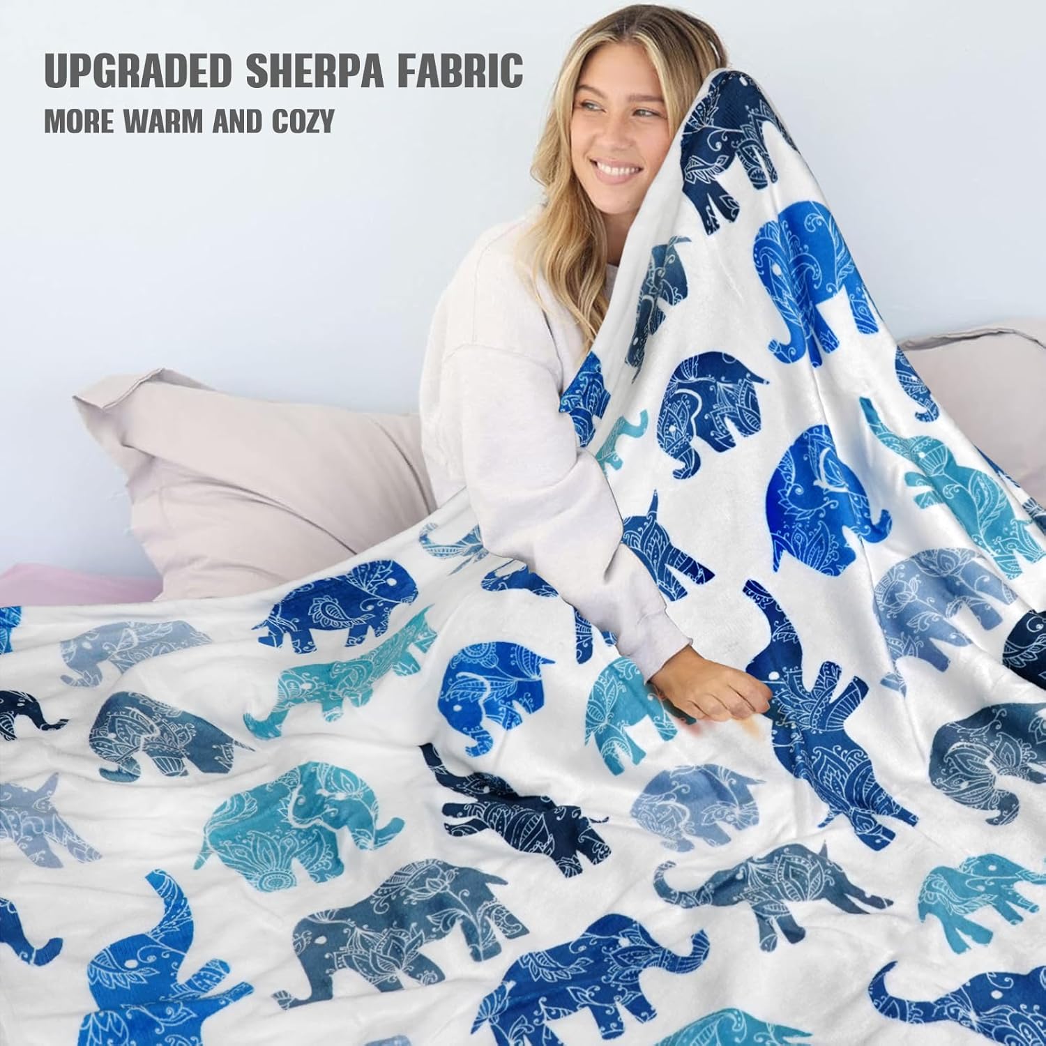 Elephant Gifts for Women Sherpa Blankets Soft Flannel Reading Blanket Cozy Warm Bedding Fuzzy Boho Throw Blanket for Couch Bed Sofa Decor Animal Lovers Mom Grandma Birthday, 60"X50"